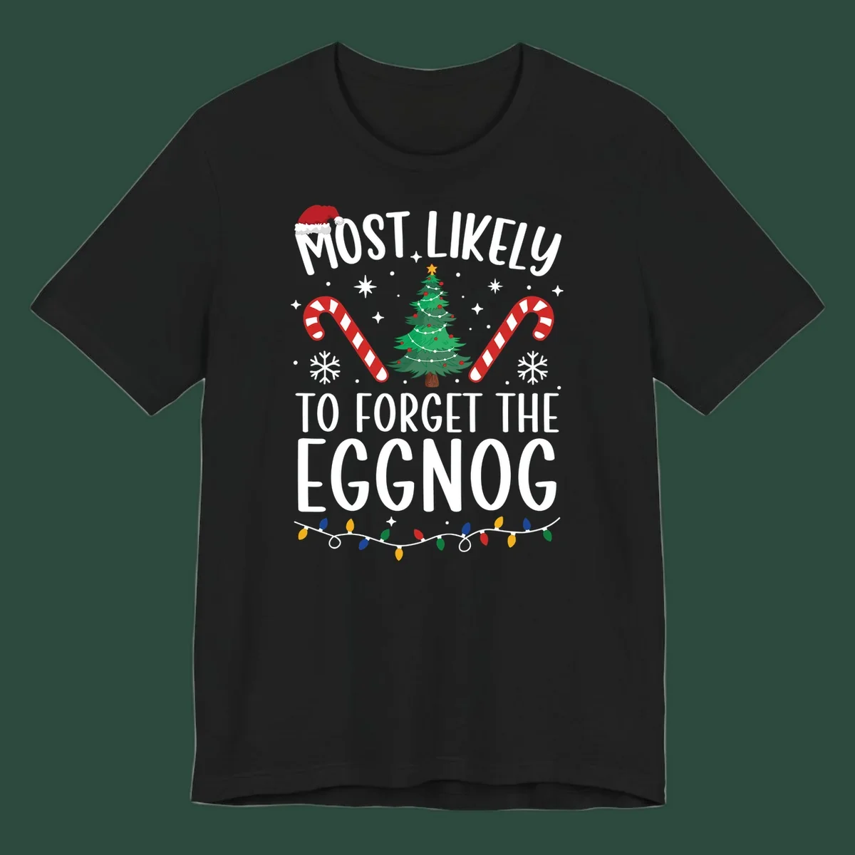 Text 'Most Likely To Forget The Eggnog' with Christmas graphics like a Santa hat, tree, and candy canes.