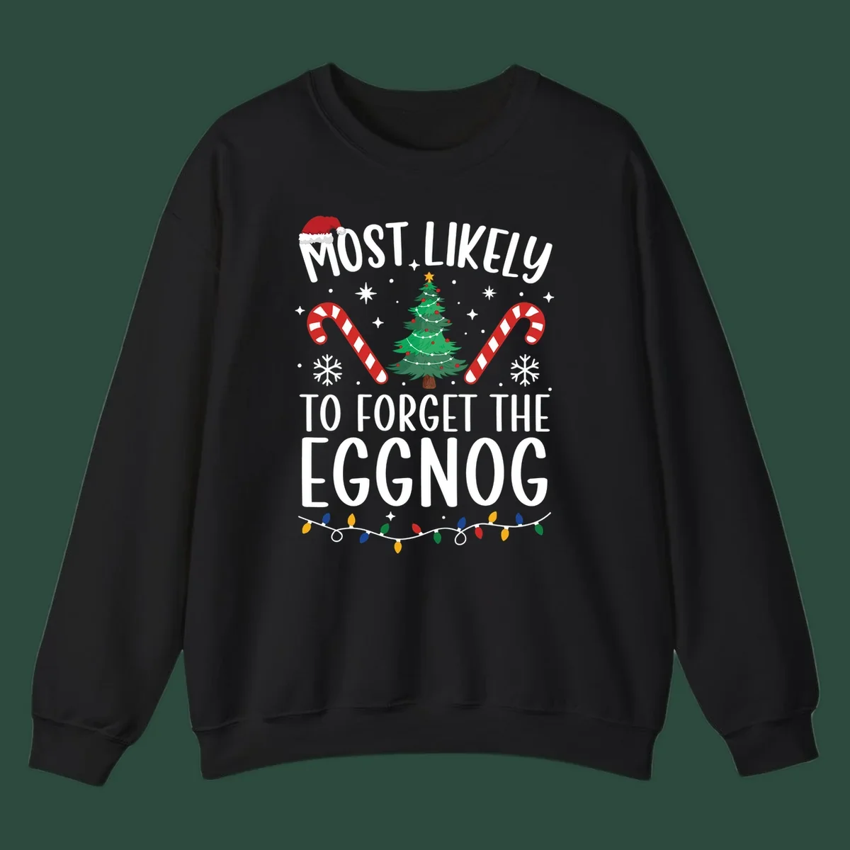 Text 'Most Likely To Forget The Eggnog' with Christmas graphics like a Santa hat, tree, and candy canes.