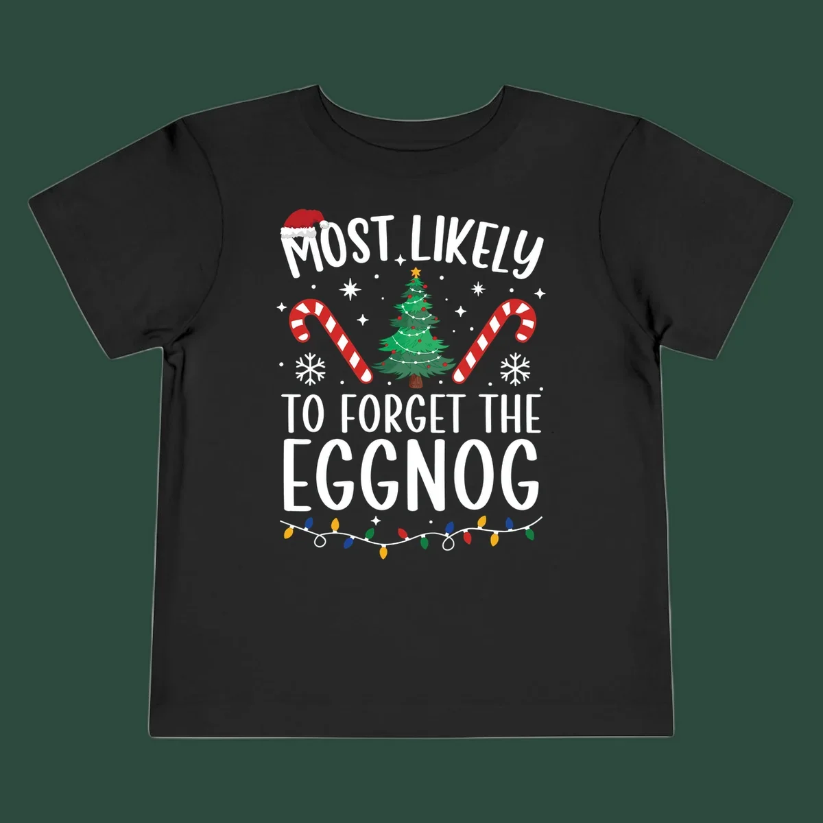 Text 'Most Likely To Forget The Eggnog' with Christmas graphics like a Santa hat, tree, and candy canes.