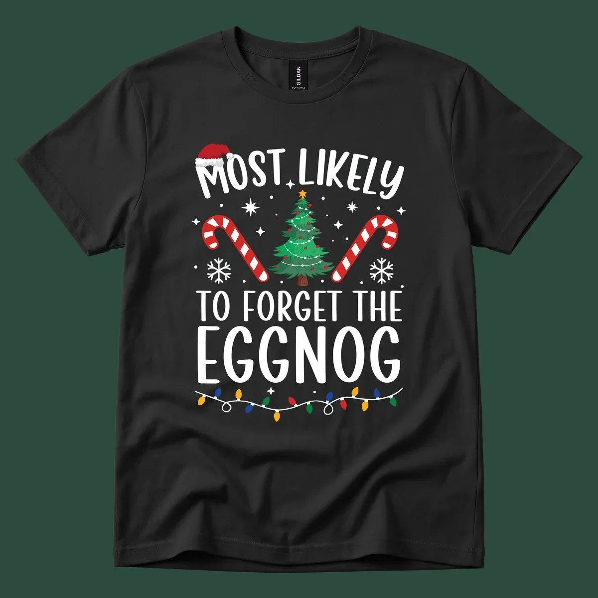 Text 'Most Likely To Forget The Eggnog' with Christmas graphics like a Santa hat, tree, and candy canes.