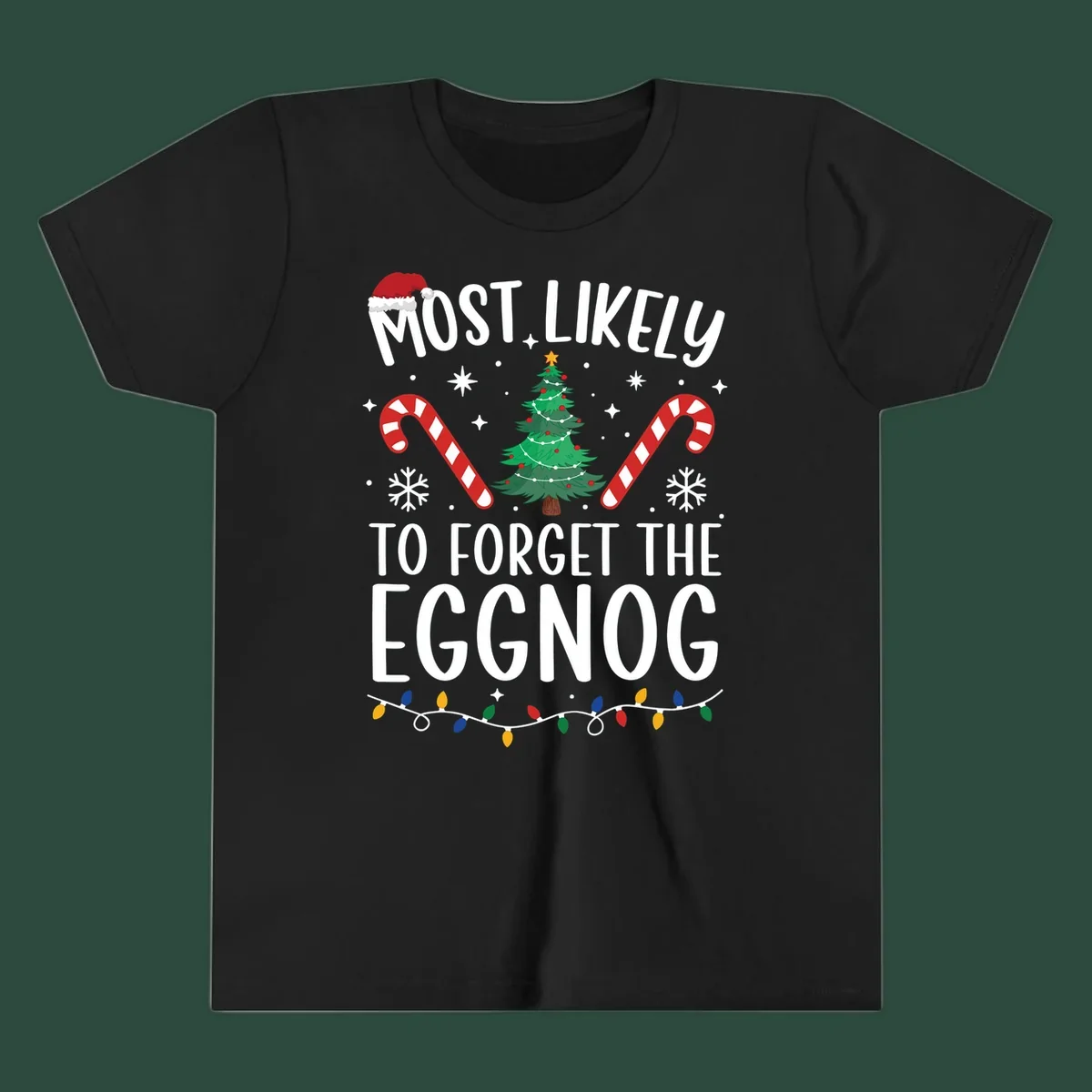 Text 'Most Likely To Forget The Eggnog' with Christmas graphics like a Santa hat, tree, and candy canes.