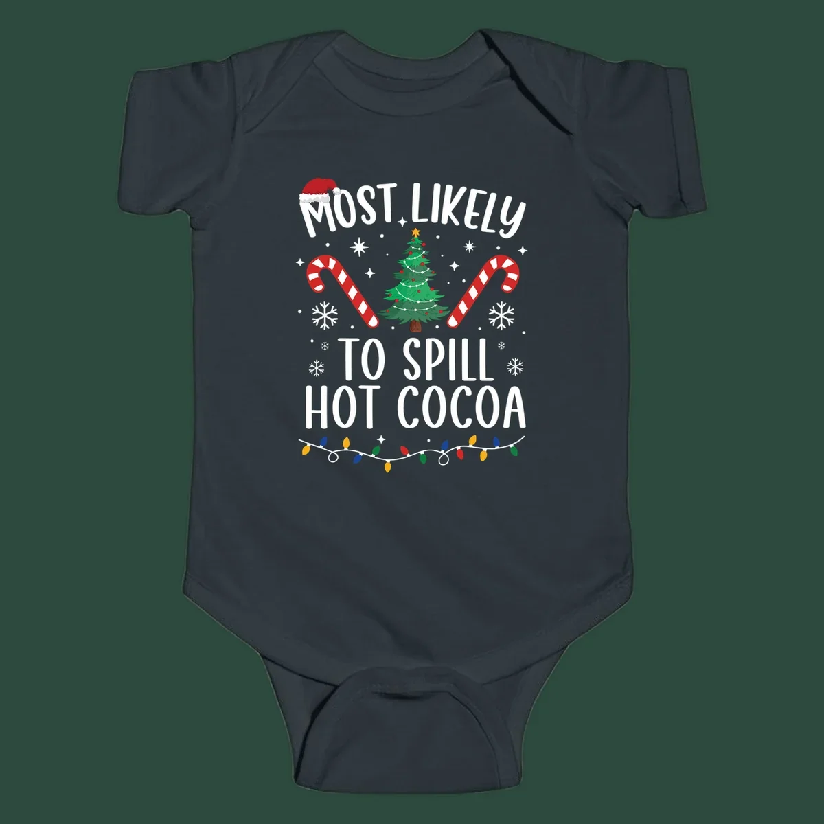 Most Likely To Spill Hot Cocoa Christmas design with text, tree, candy canes, and lights.
