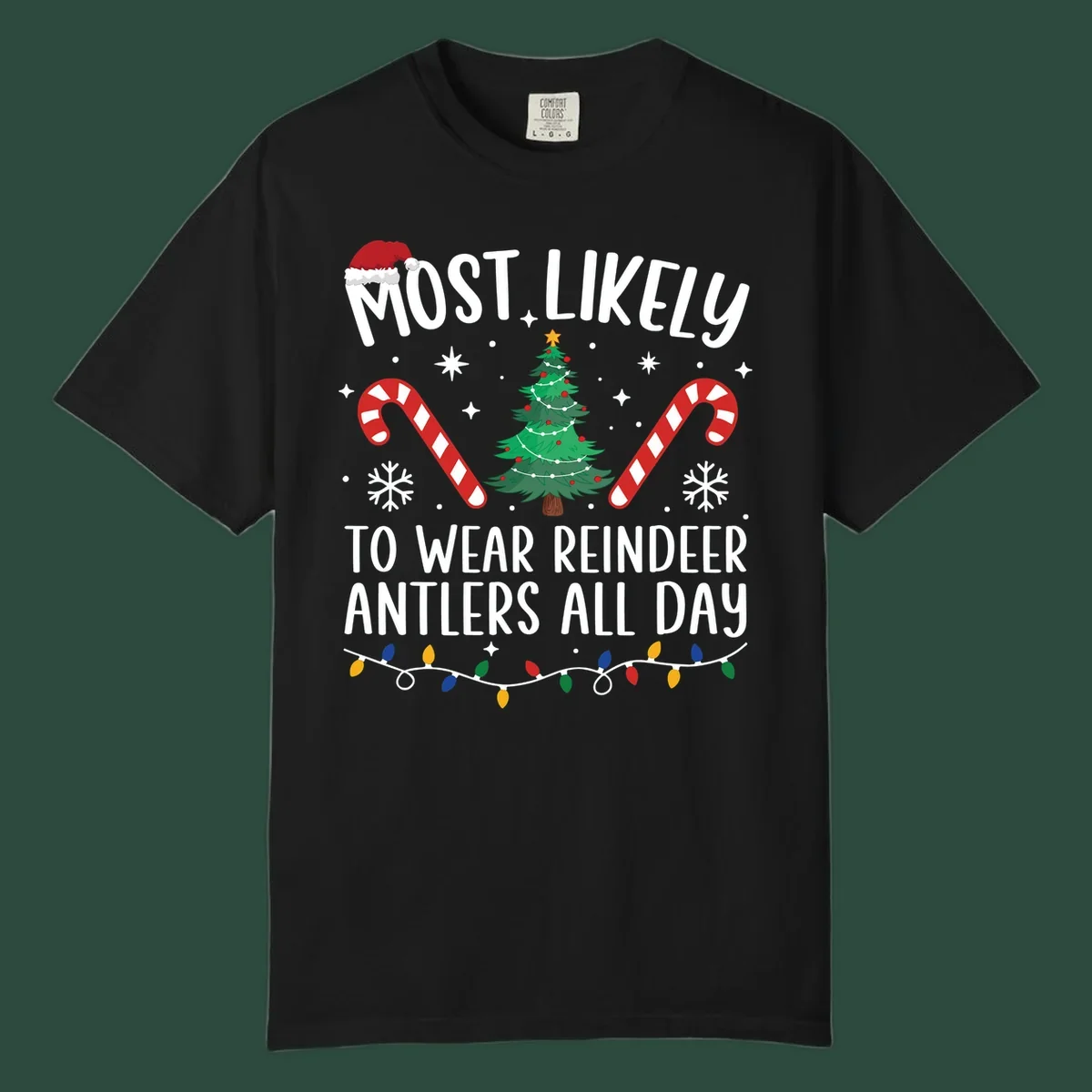 Text "Most Likely To Wear Reindeer Antlers All Day" with Christmas graphics like a tree, candy canes, and Santa hat.