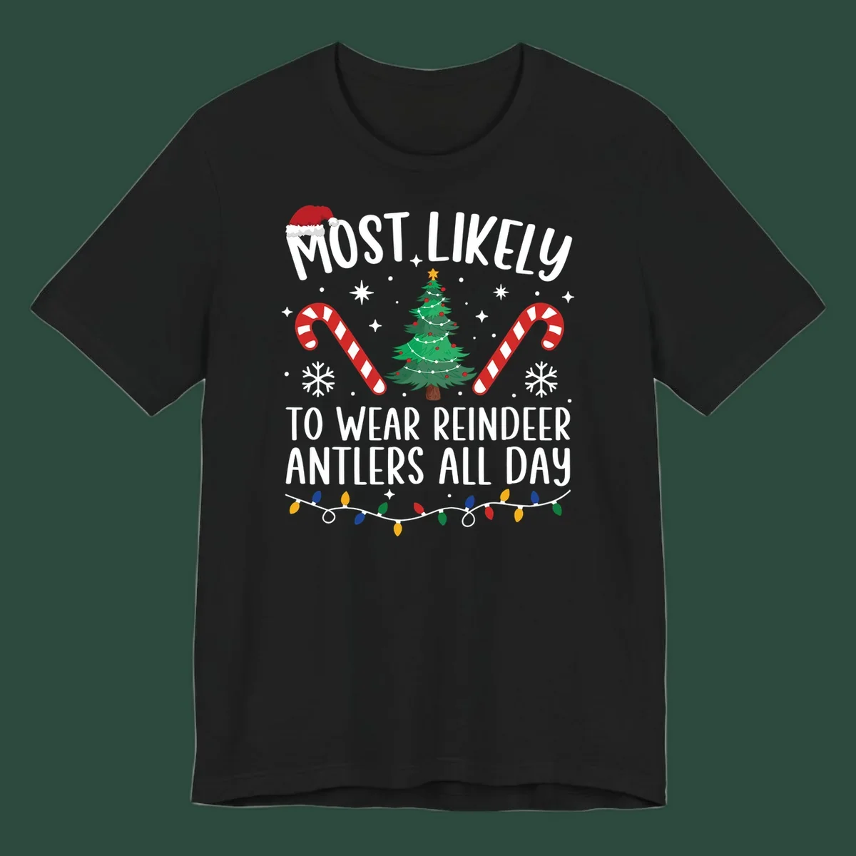 Text "Most Likely To Wear Reindeer Antlers All Day" with Christmas graphics like a tree, candy canes, and Santa hat.