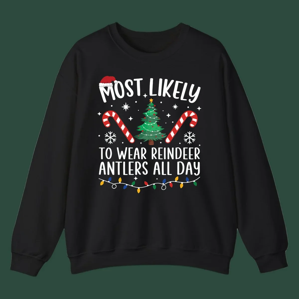 Text "Most Likely To Wear Reindeer Antlers All Day" with Christmas graphics like a tree, candy canes, and Santa hat.