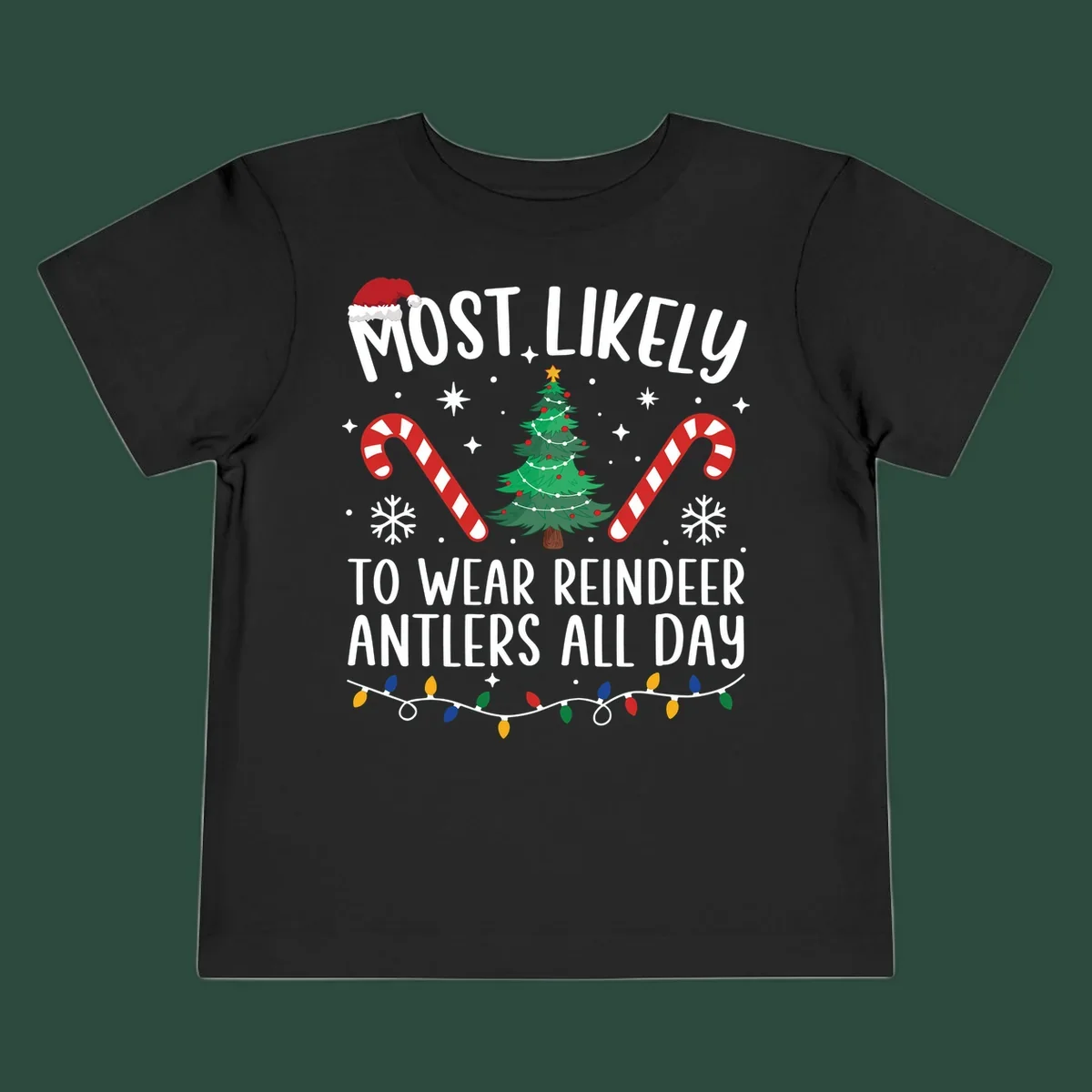 Text "Most Likely To Wear Reindeer Antlers All Day" with Christmas graphics like a tree, candy canes, and Santa hat.