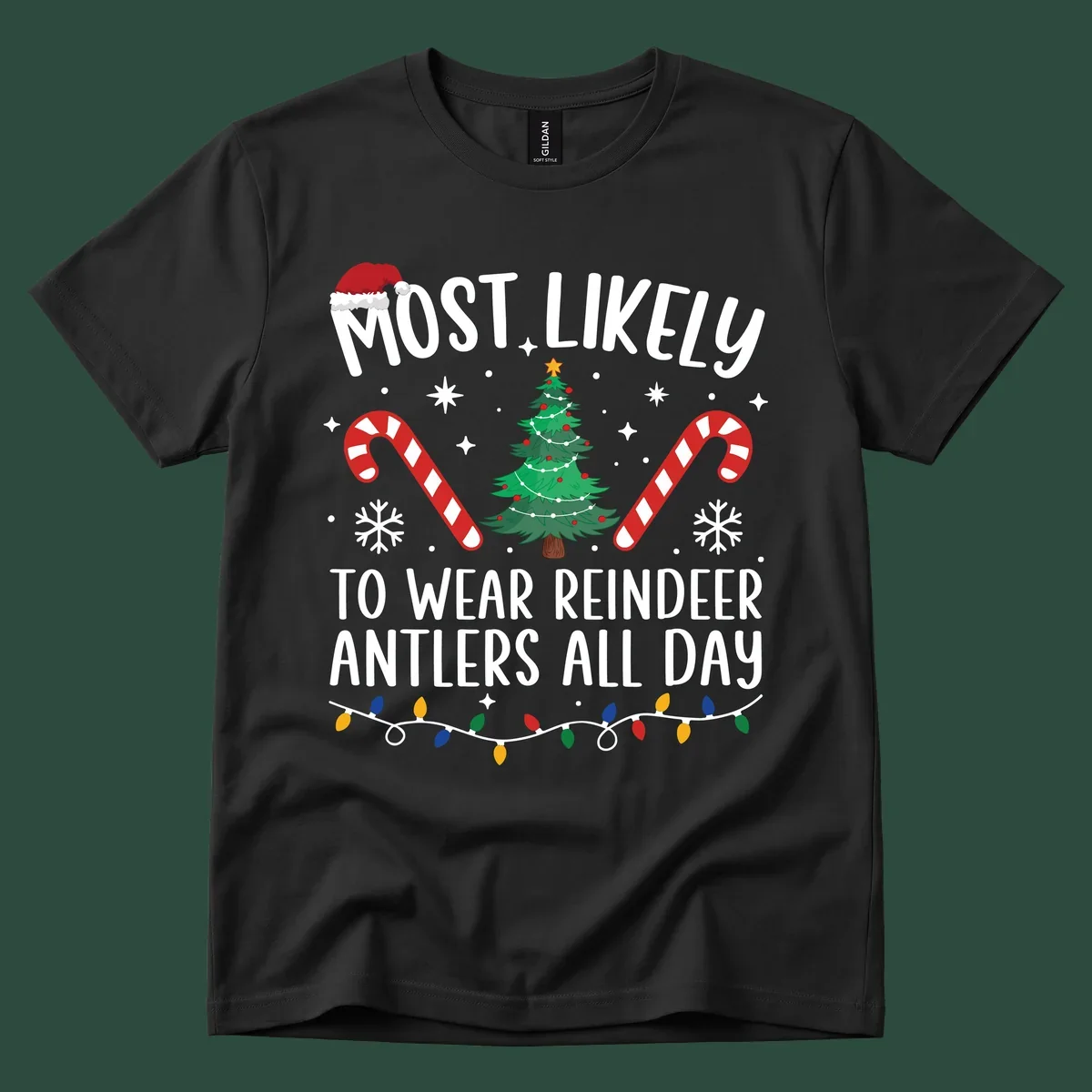 Text "Most Likely To Wear Reindeer Antlers All Day" with Christmas graphics like a tree, candy canes, and Santa hat.