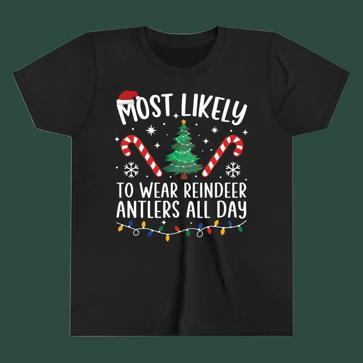 Text "Most Likely To Wear Reindeer Antlers All Day" with Christmas graphics like a tree, candy canes, and Santa hat.