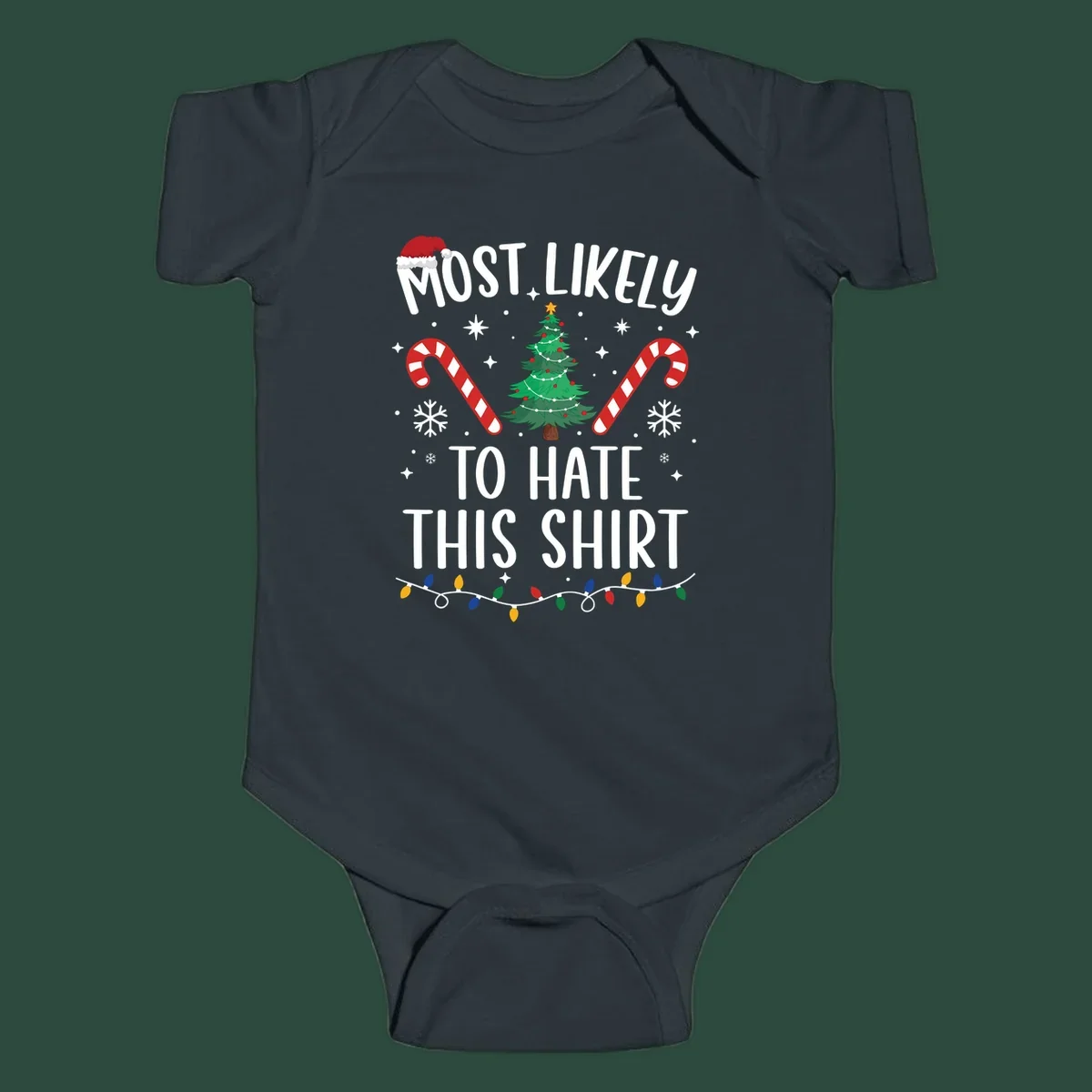 Text 'Most Likely To Hate This Shirt' with Christmas graphics like a tree, candy canes, and Santa hat.