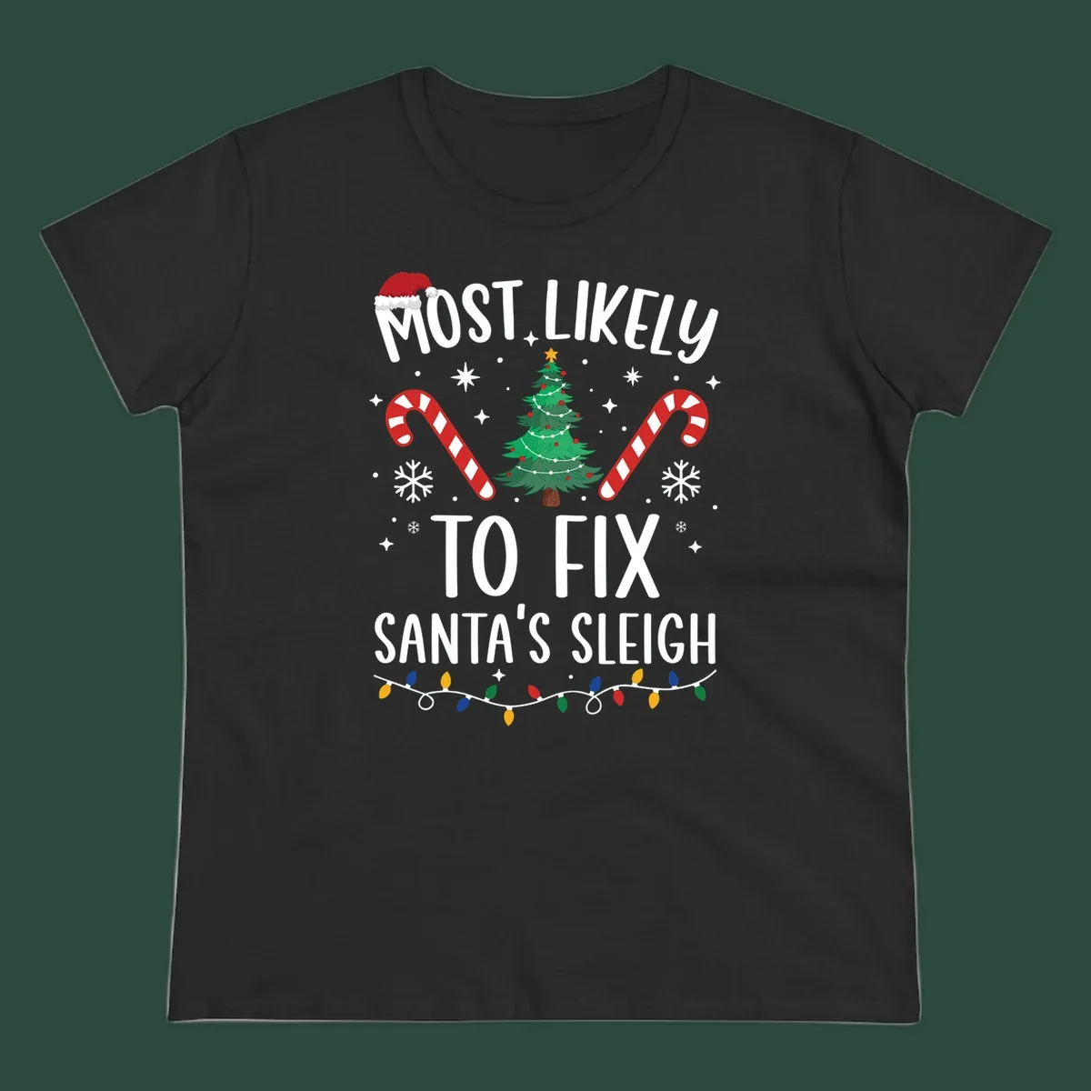 Most Likely To Fix Santa's Sleigh Christmas design with text, tree, candy canes, and lights.