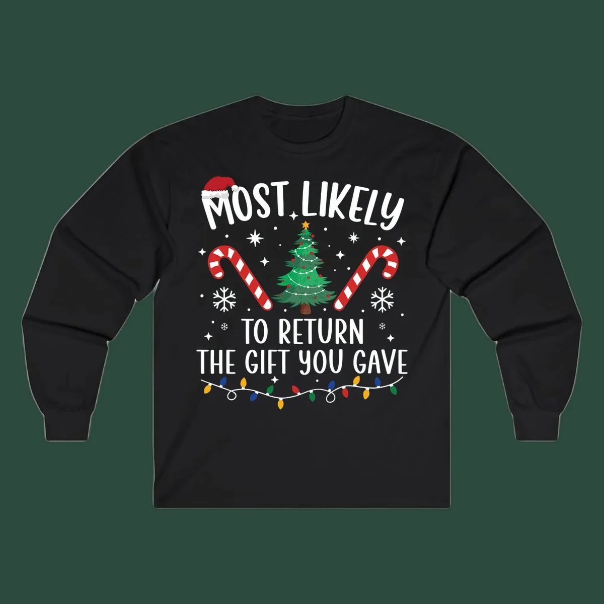 Most Likely To Return The Gift You Gave funny Christmas design with tree and candy canes.