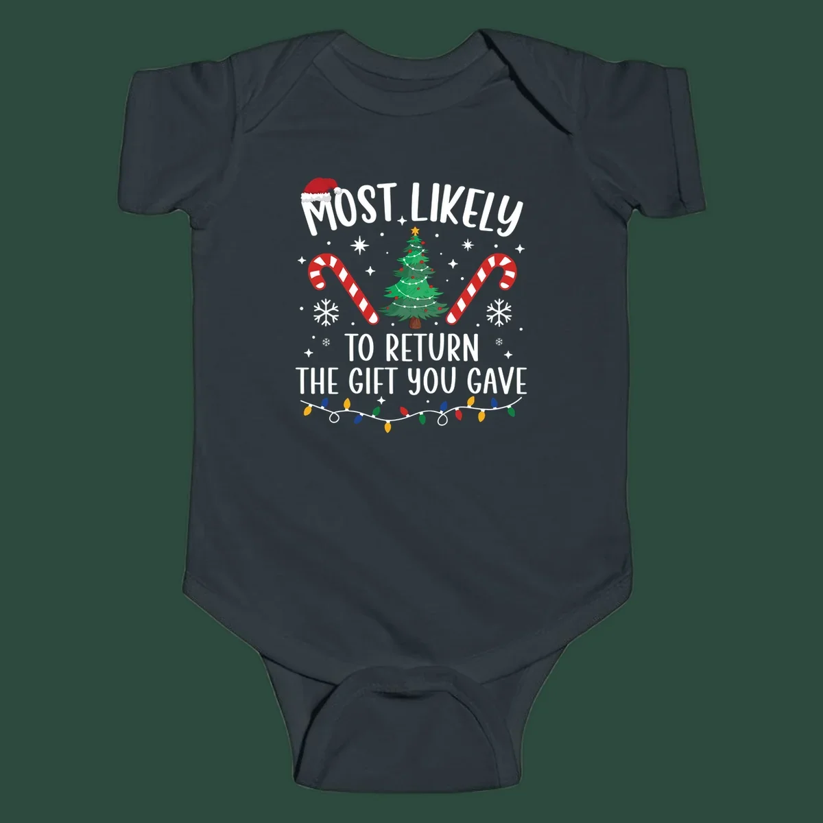 Most Likely To Return The Gift You Gave funny Christmas design with tree and candy canes.