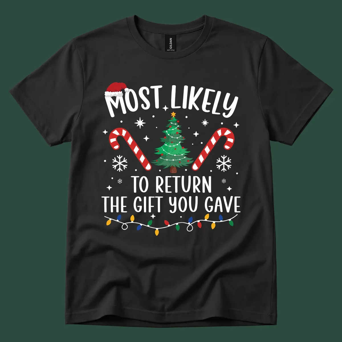Most Likely To Return The Gift You Gave funny Christmas design with tree and candy canes.