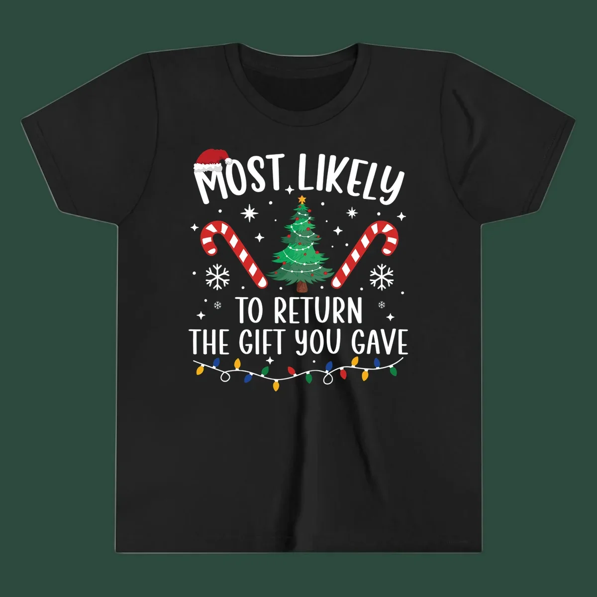 Most Likely To Return The Gift You Gave funny Christmas design with tree and candy canes.