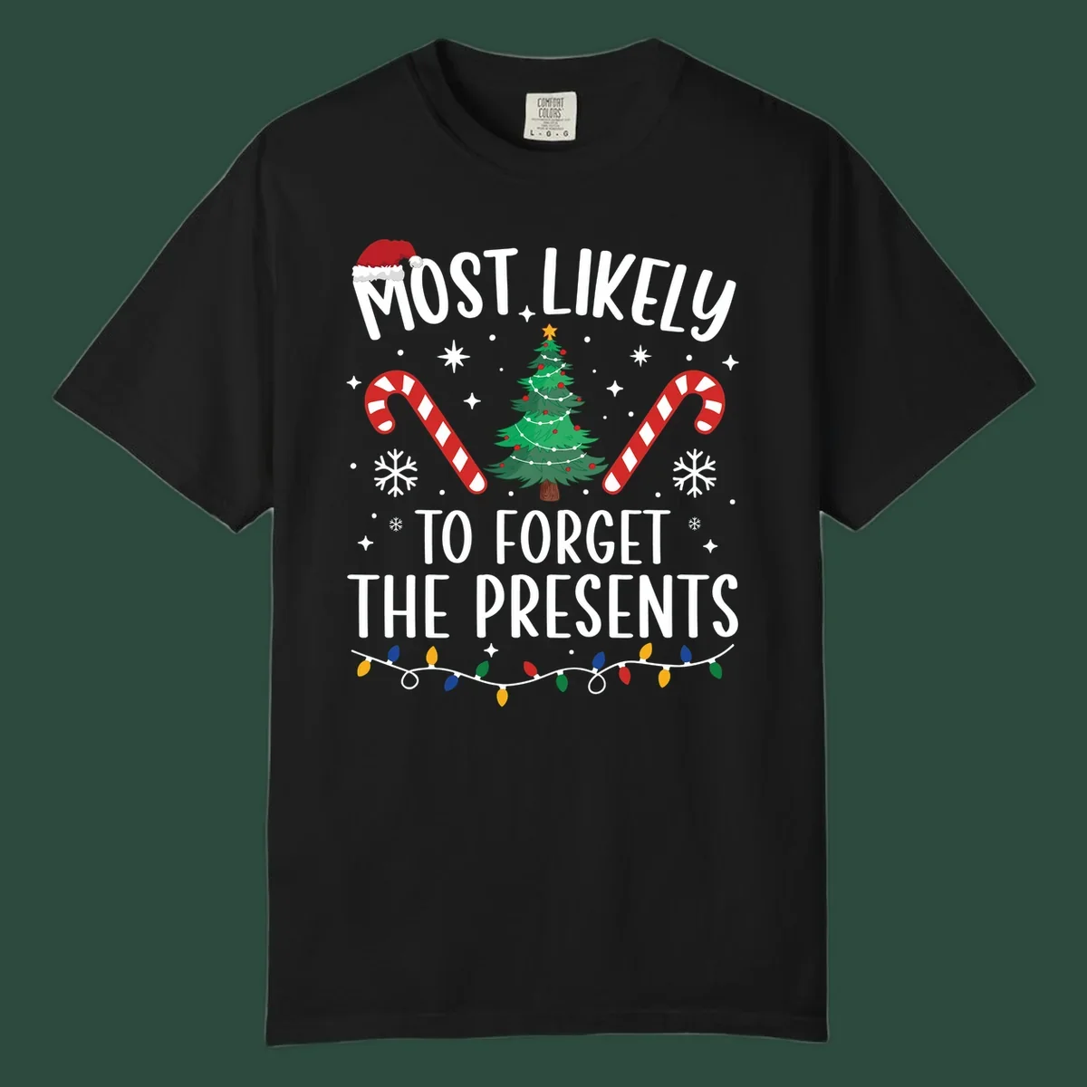 Most likely to forget the presents Christmas design with text, tree, candy canes, and Santa hat.