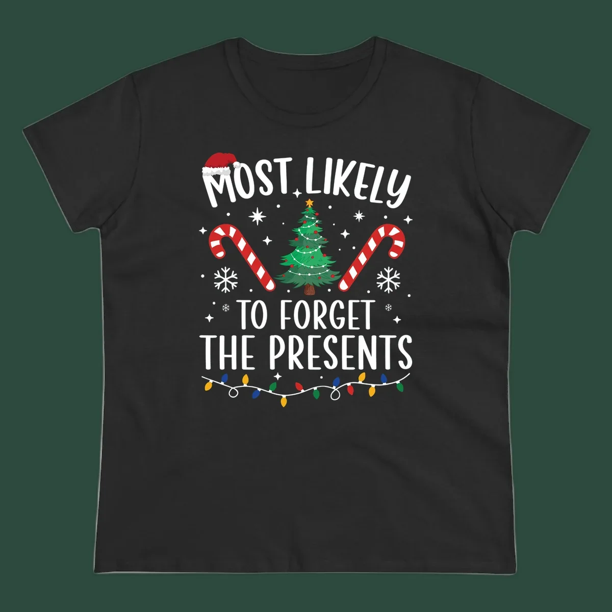 Most likely to forget the presents Christmas design with text, tree, candy canes, and Santa hat.