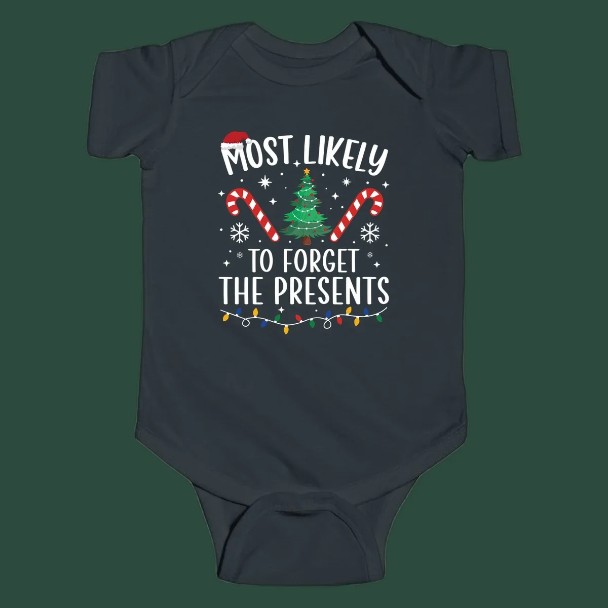 Most likely to forget the presents Christmas design with text, tree, candy canes, and Santa hat.