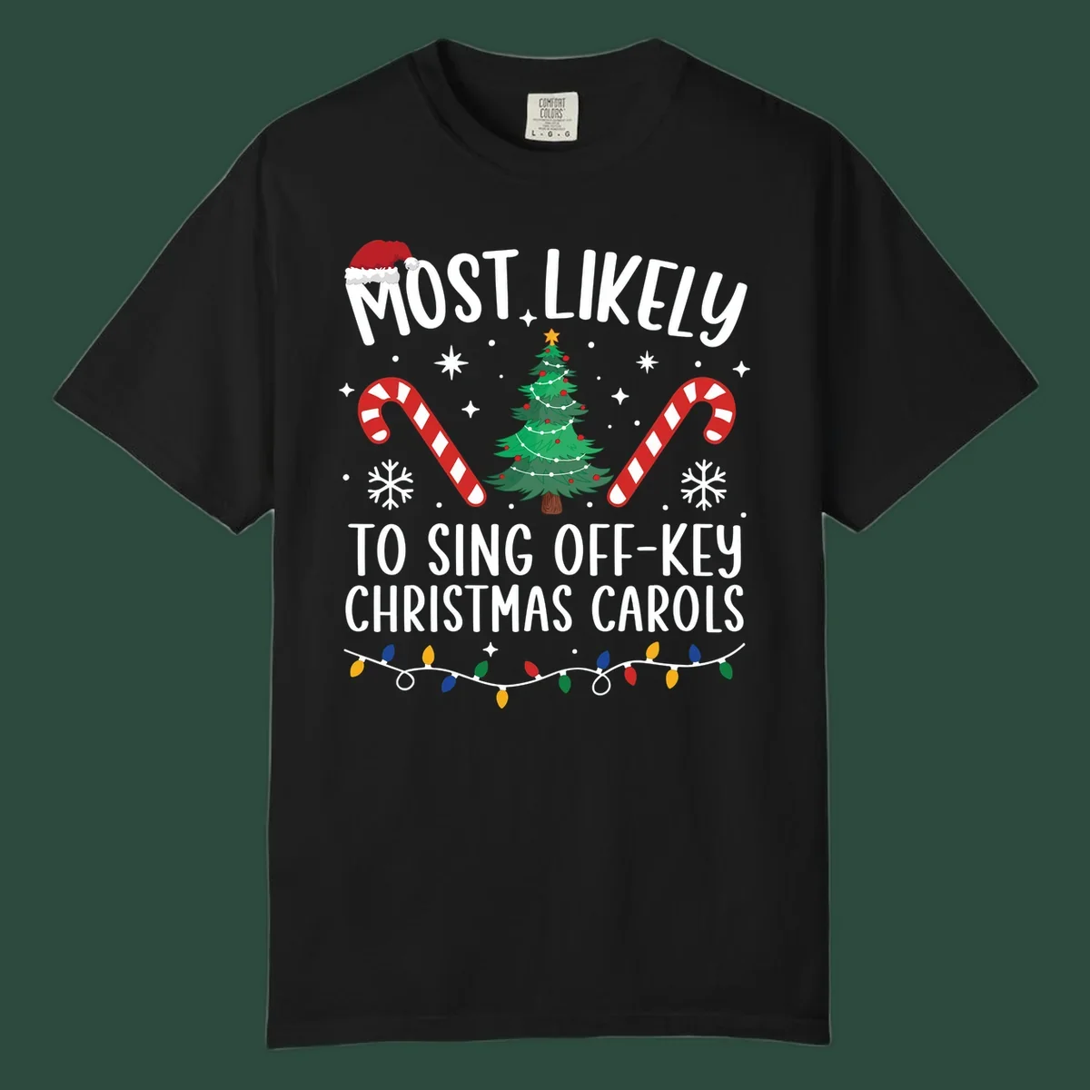 Most Likely To Sing Off-Key Christmas Carols text and holiday graphics