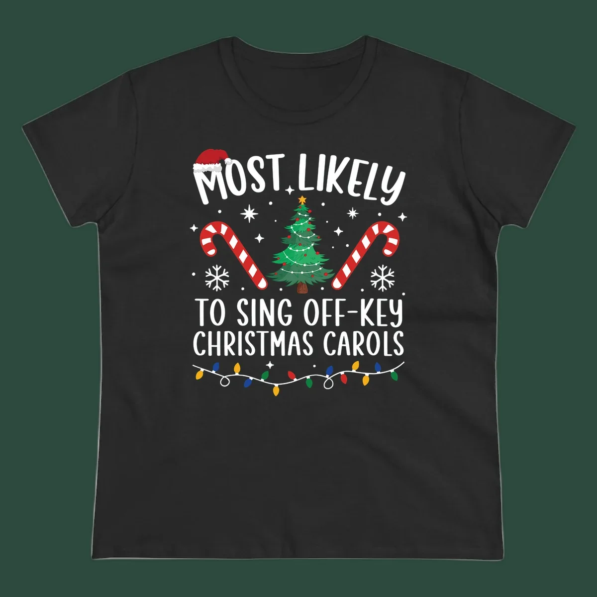 Most Likely To Sing Off-Key Christmas Carols text and holiday graphics