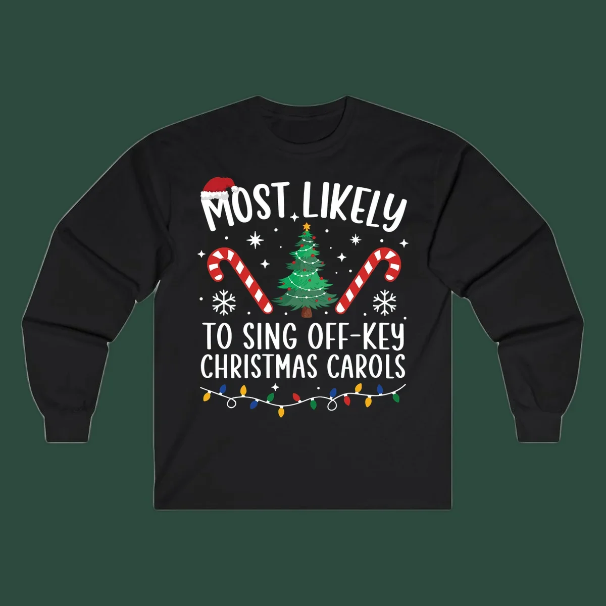 Most Likely To Sing Off-Key Christmas Carols text and holiday graphics