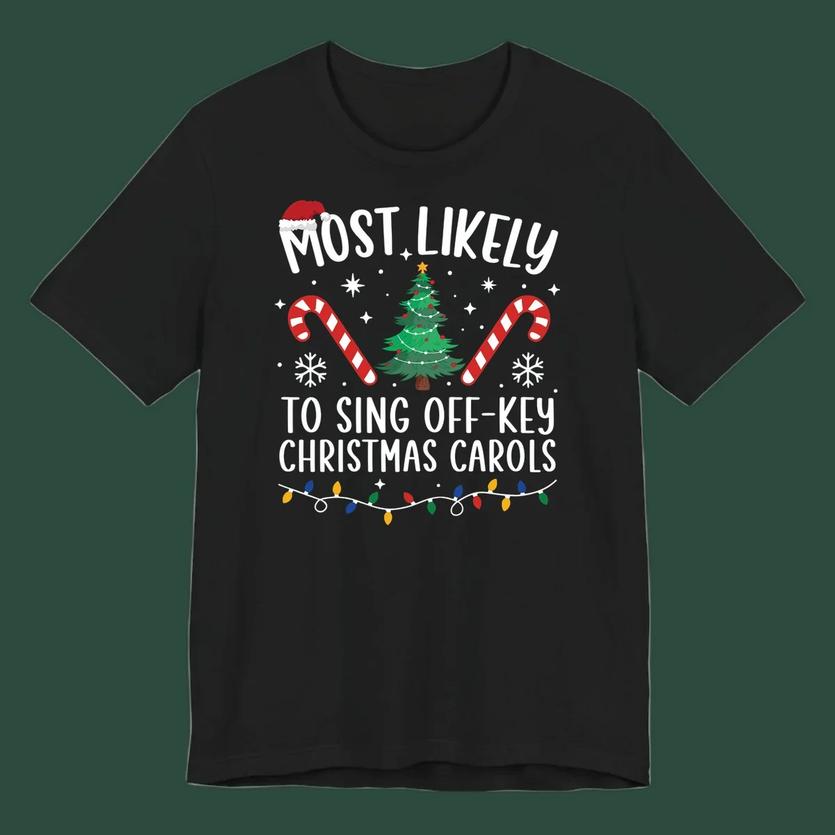 Most Likely To Sing Off-Key Christmas Carols text and holiday graphics