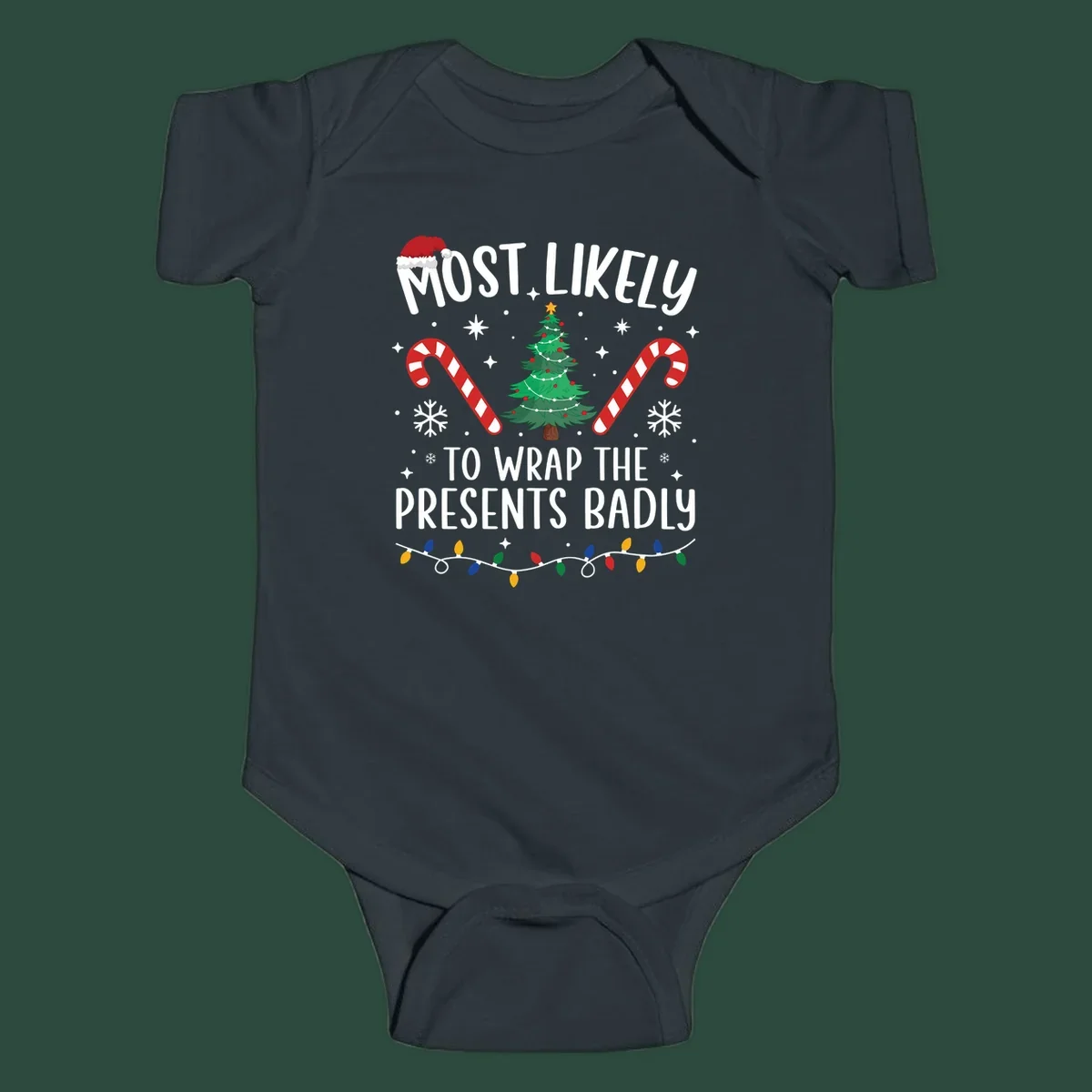 Most Likely To Wrap Presents Badly Christmas design with text, tree, candy canes, and lights.