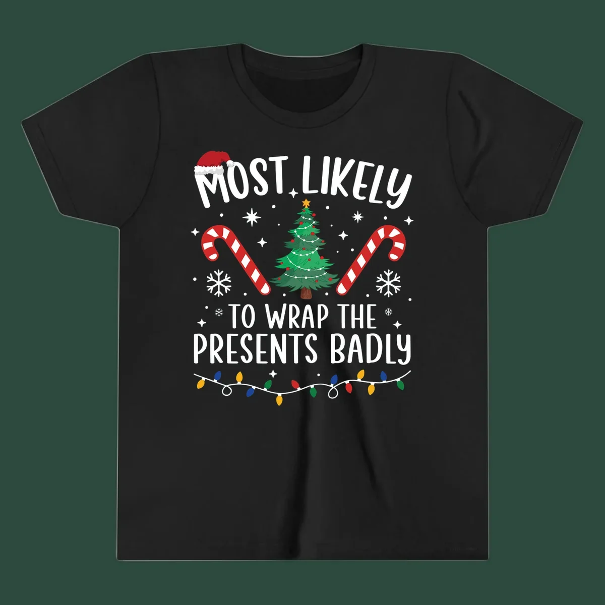 Most Likely To Wrap Presents Badly Christmas design with text, tree, candy canes, and lights.