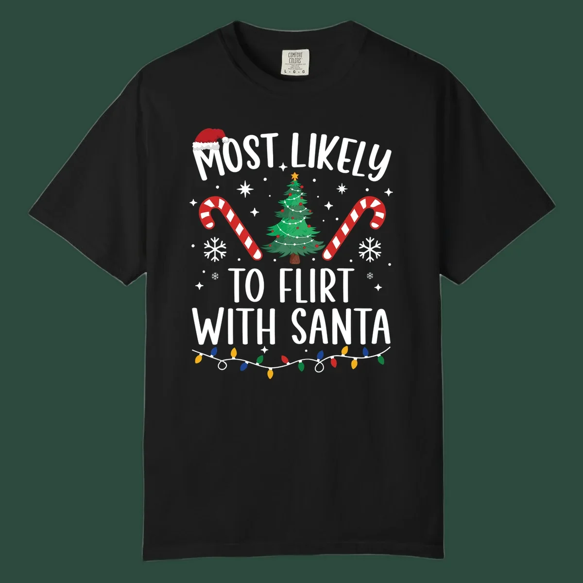 Most Likely To Flirt With Santa funny Christmas graphic with text, tree, and candy canes.