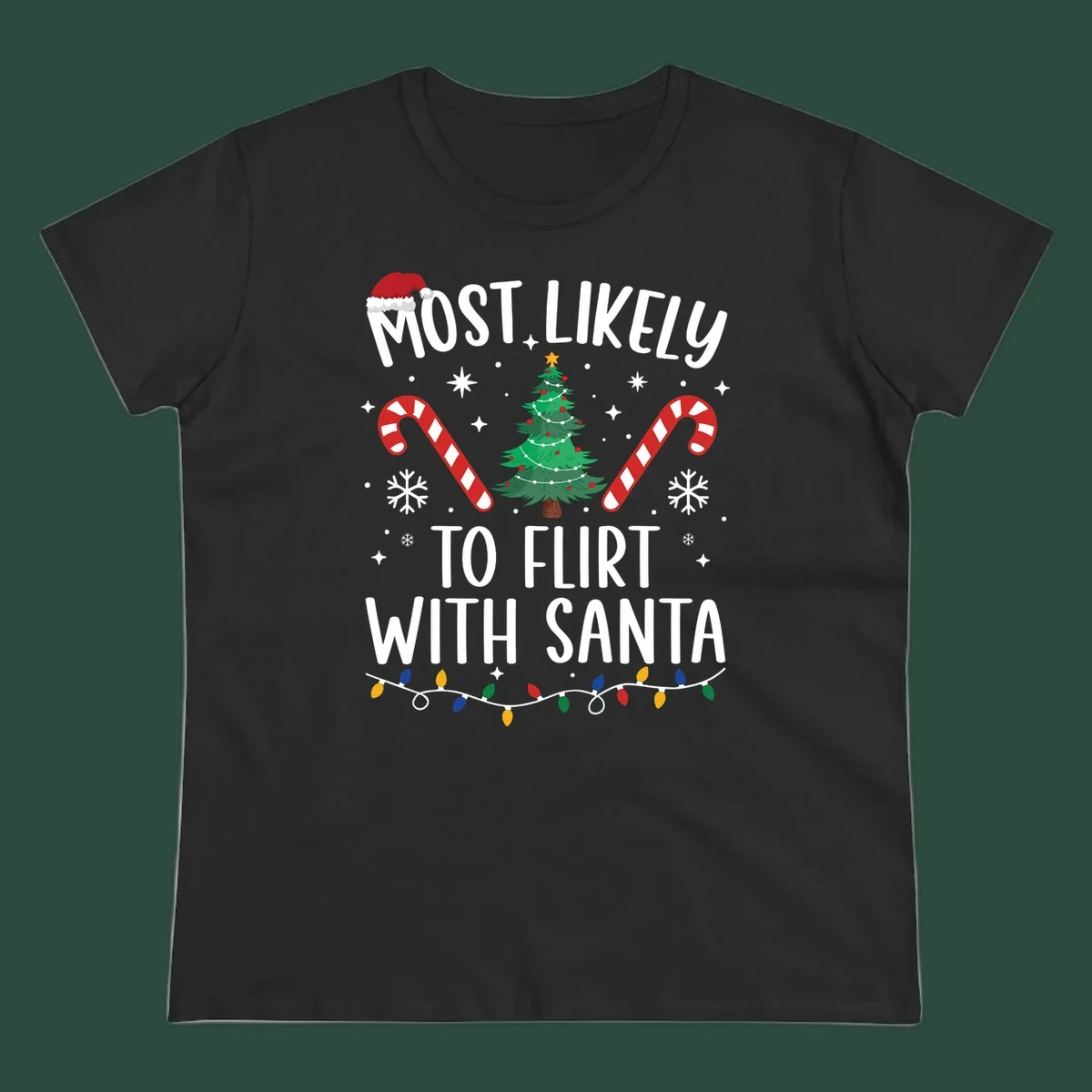 Most Likely To Flirt With Santa funny Christmas graphic with text, tree, and candy canes.