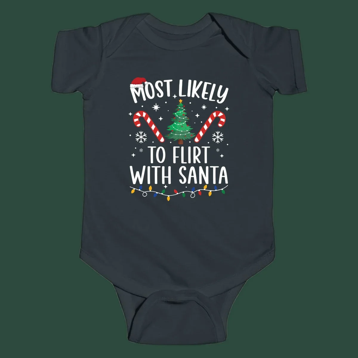 Most Likely To Flirt With Santa funny Christmas graphic with text, tree, and candy canes.