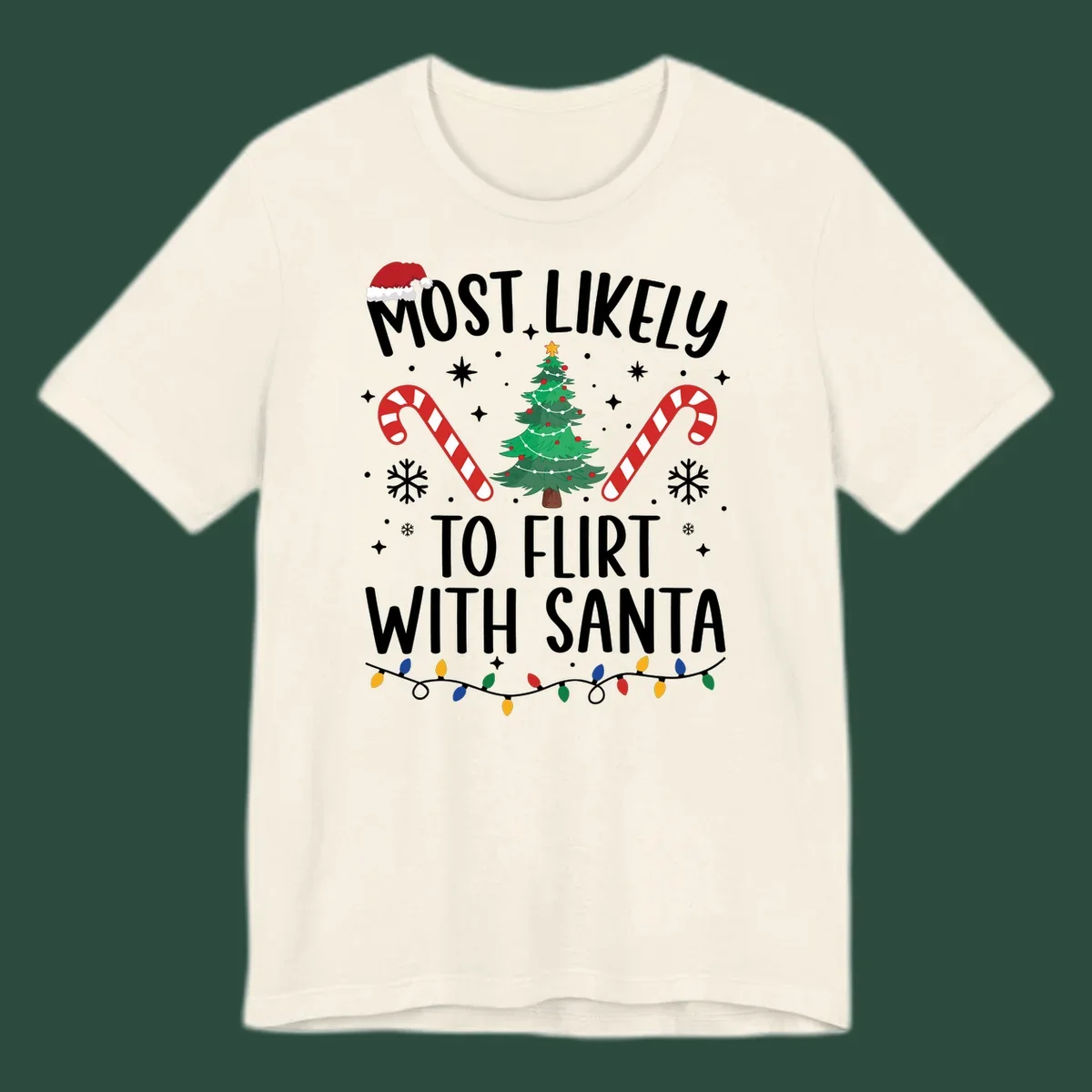 Most Likely To Flirt With Santa funny Christmas graphic with text, tree, and candy canes.