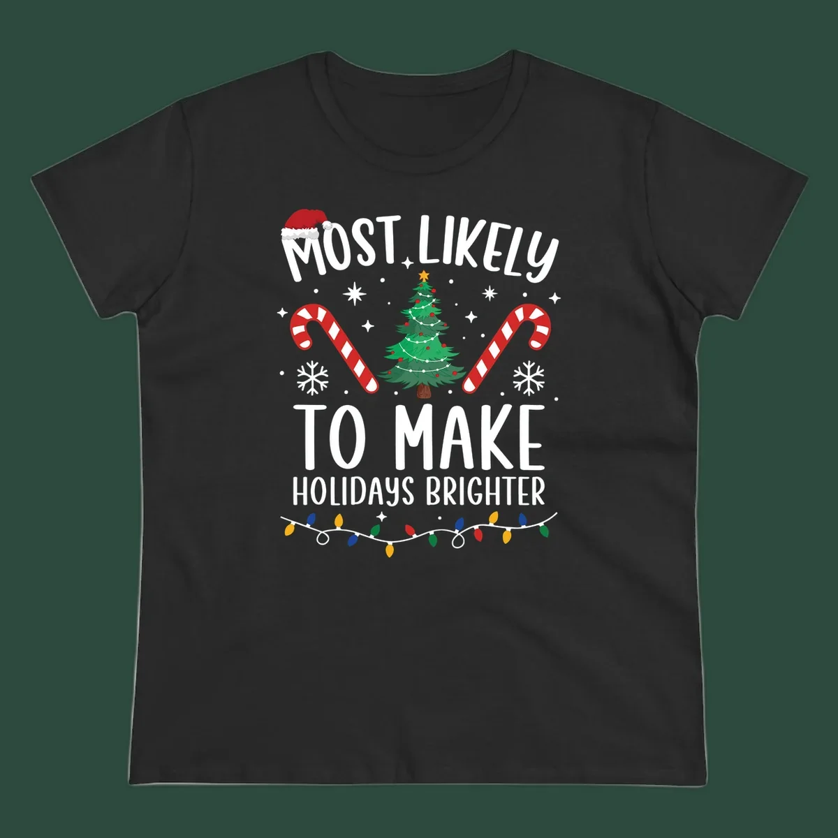 Text reads Most Likely To Make Holidays Brighter with Christmas tree, candy canes, and Santa hat. Make holidays brighter.