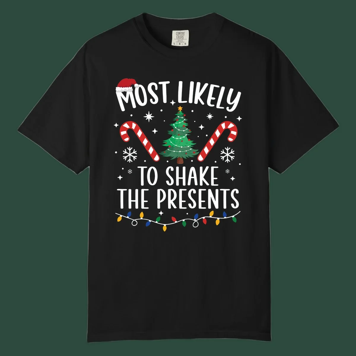 Christmas design with text "Most Likely To Shake The Presents", Santa hat, candy canes, tree, snowflakes, and lights.