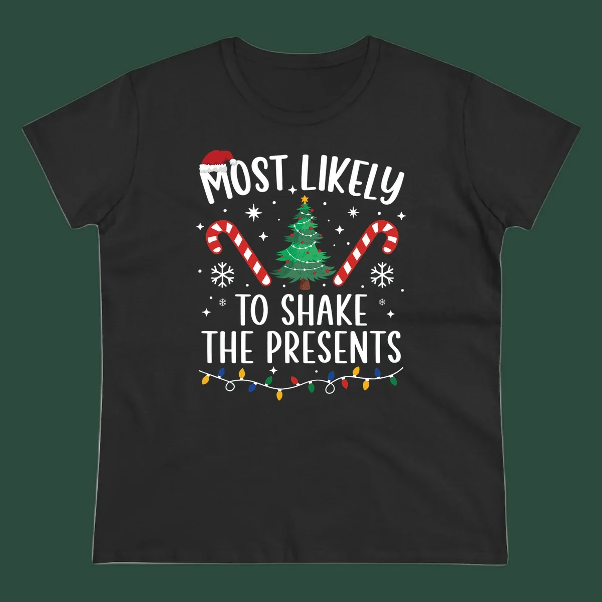 Christmas design with text "Most Likely To Shake The Presents", Santa hat, candy canes, tree, snowflakes, and lights.