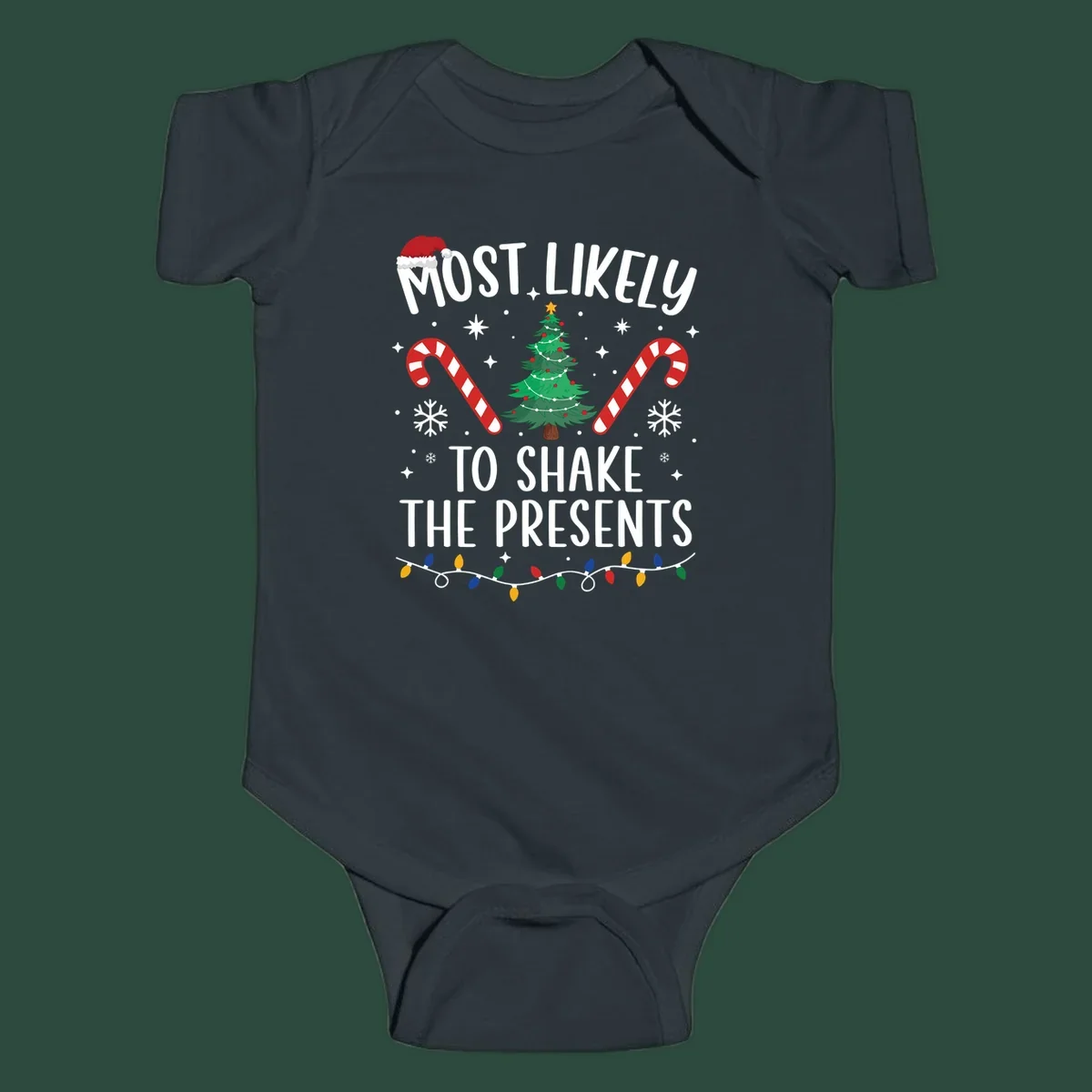 Christmas design with text "Most Likely To Shake The Presents", Santa hat, candy canes, tree, snowflakes, and lights.