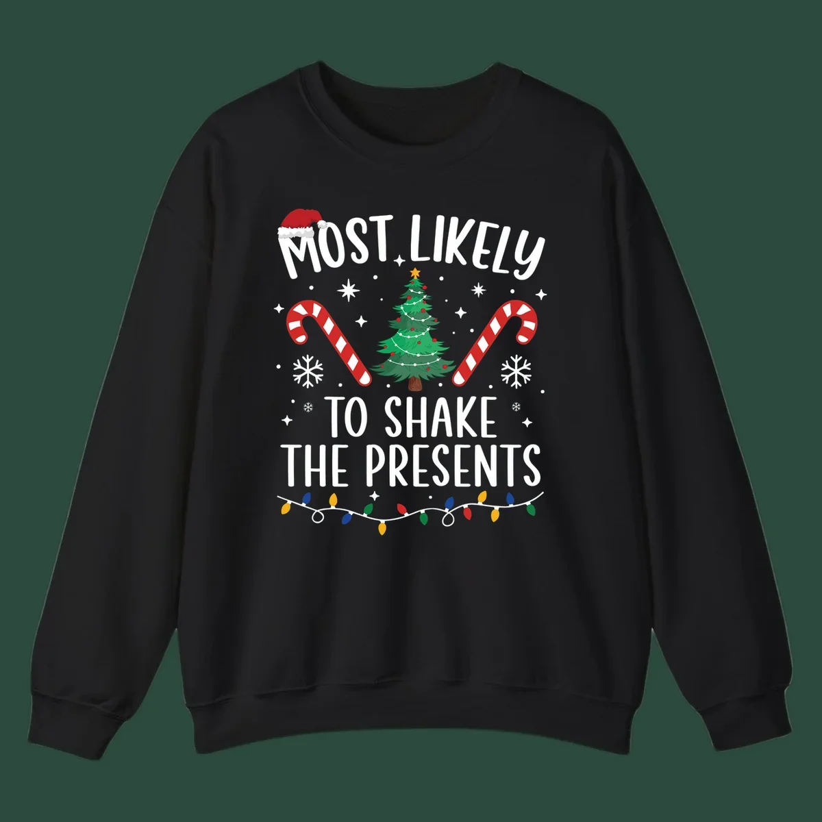 Christmas design with text "Most Likely To Shake The Presents", Santa hat, candy canes, tree, snowflakes, and lights.