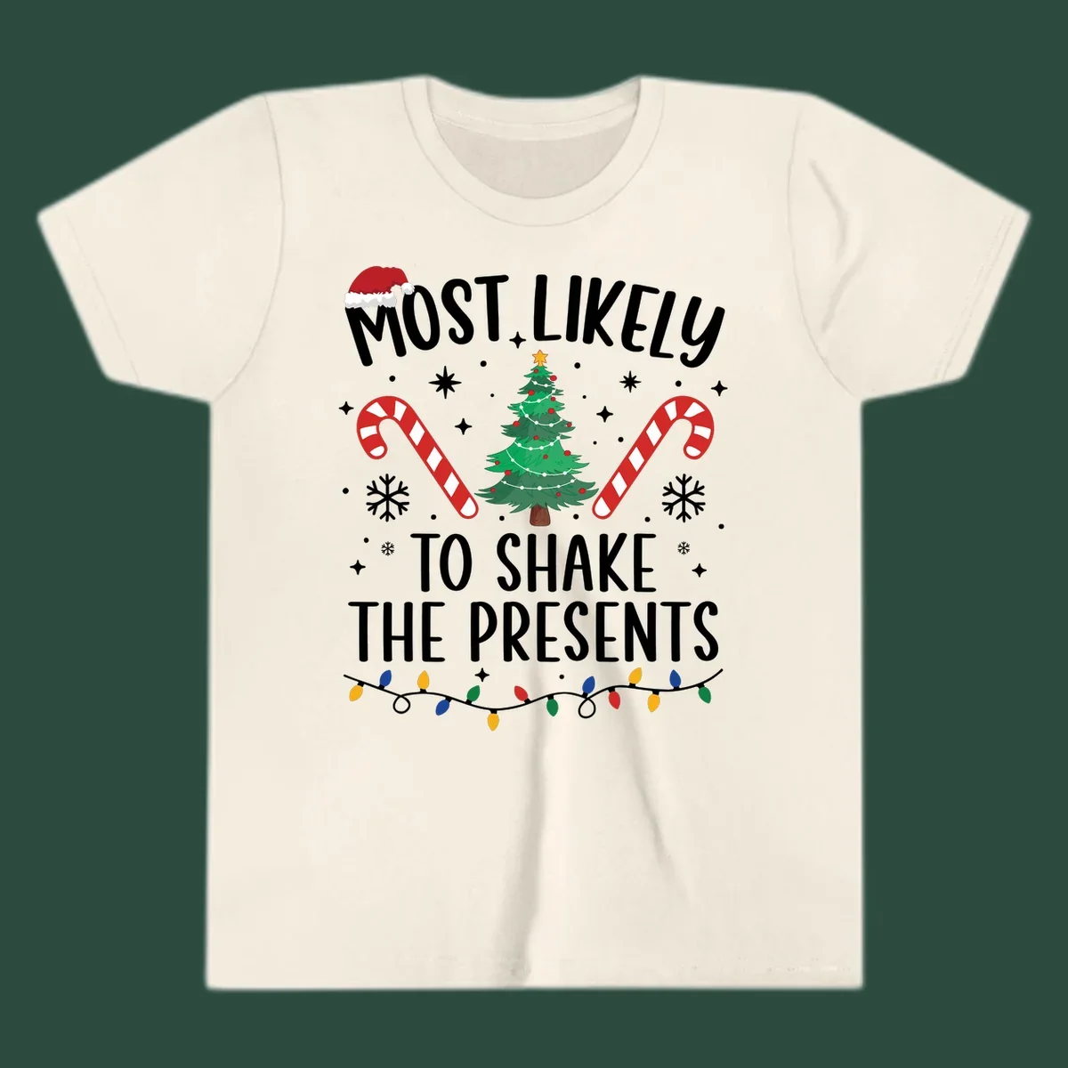 Christmas design with text "Most Likely To Shake The Presents", Santa hat, candy canes, tree, snowflakes, and lights.