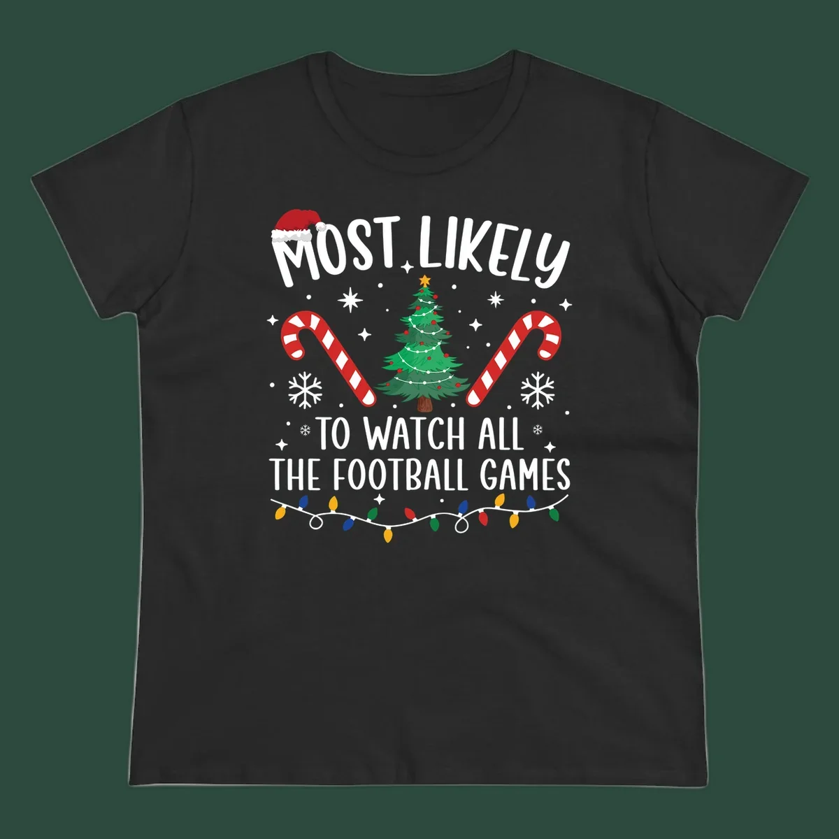 Football Christmas Crew design with text, Santa hat, candy canes, tree, and lights.