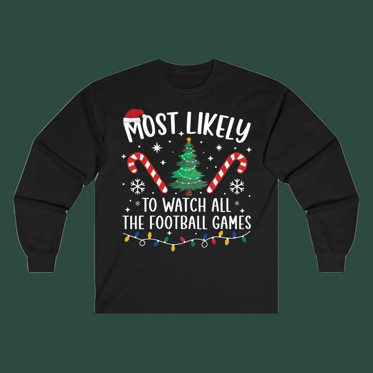 Football Christmas Crew design with text, Santa hat, candy canes, tree, and lights.