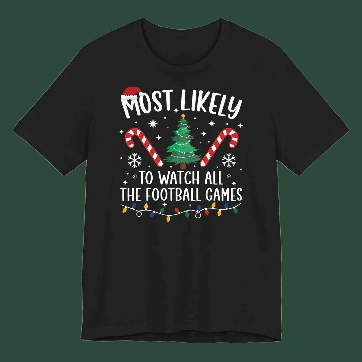 Football Christmas Crew design with text, Santa hat, candy canes, tree, and lights.