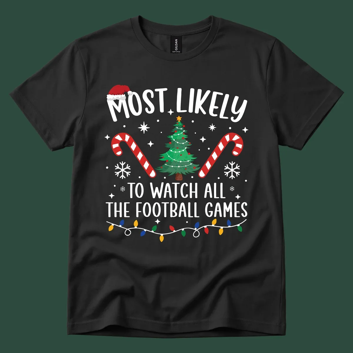 Football Christmas Crew design with text, Santa hat, candy canes, tree, and lights.