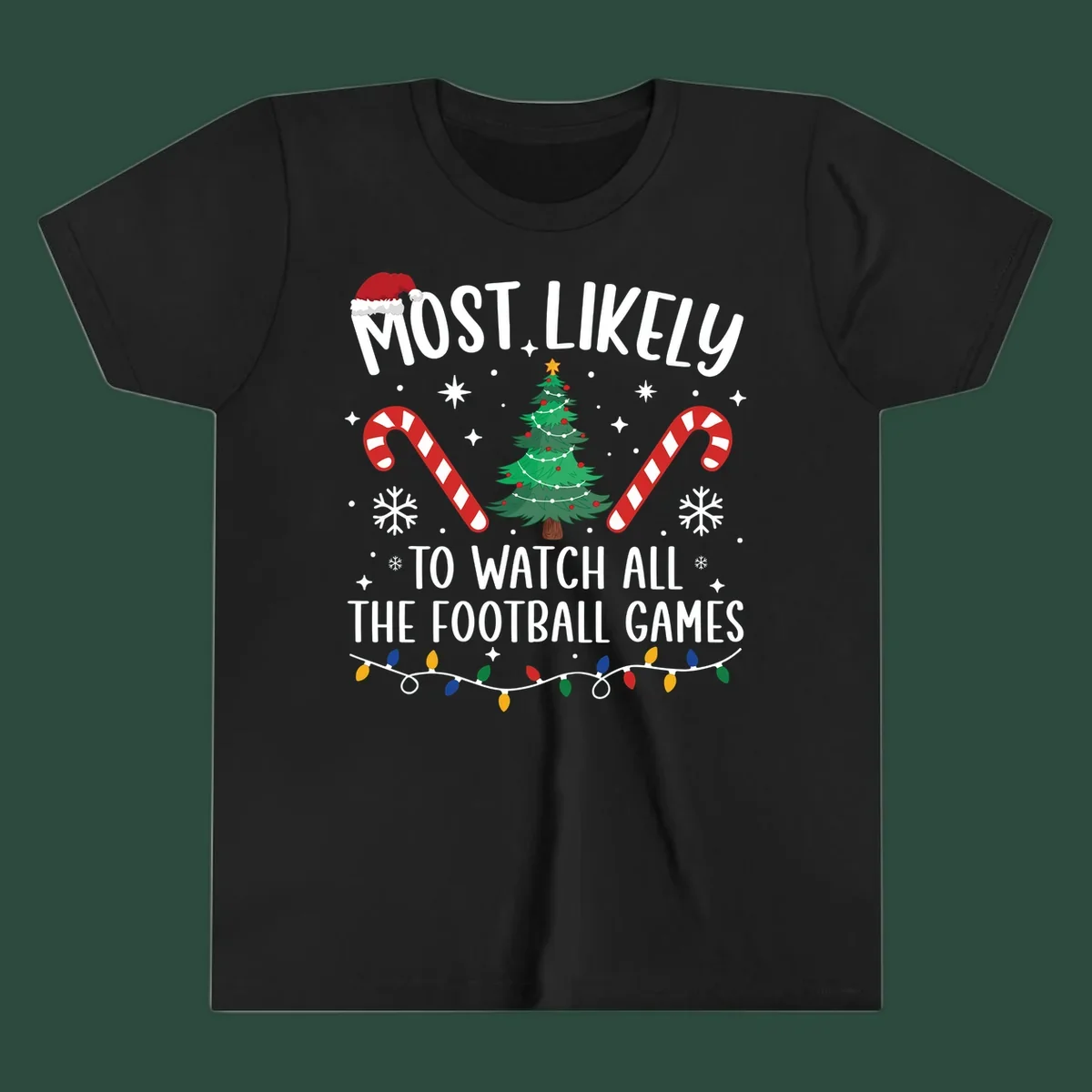 Football Christmas Crew design with text, Santa hat, candy canes, tree, and lights.
