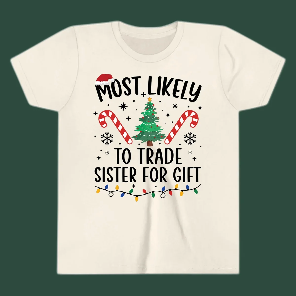 Text 'Most Likely To Trade Sister For Gift' with Christmas graphics. Sister gift trade concept.