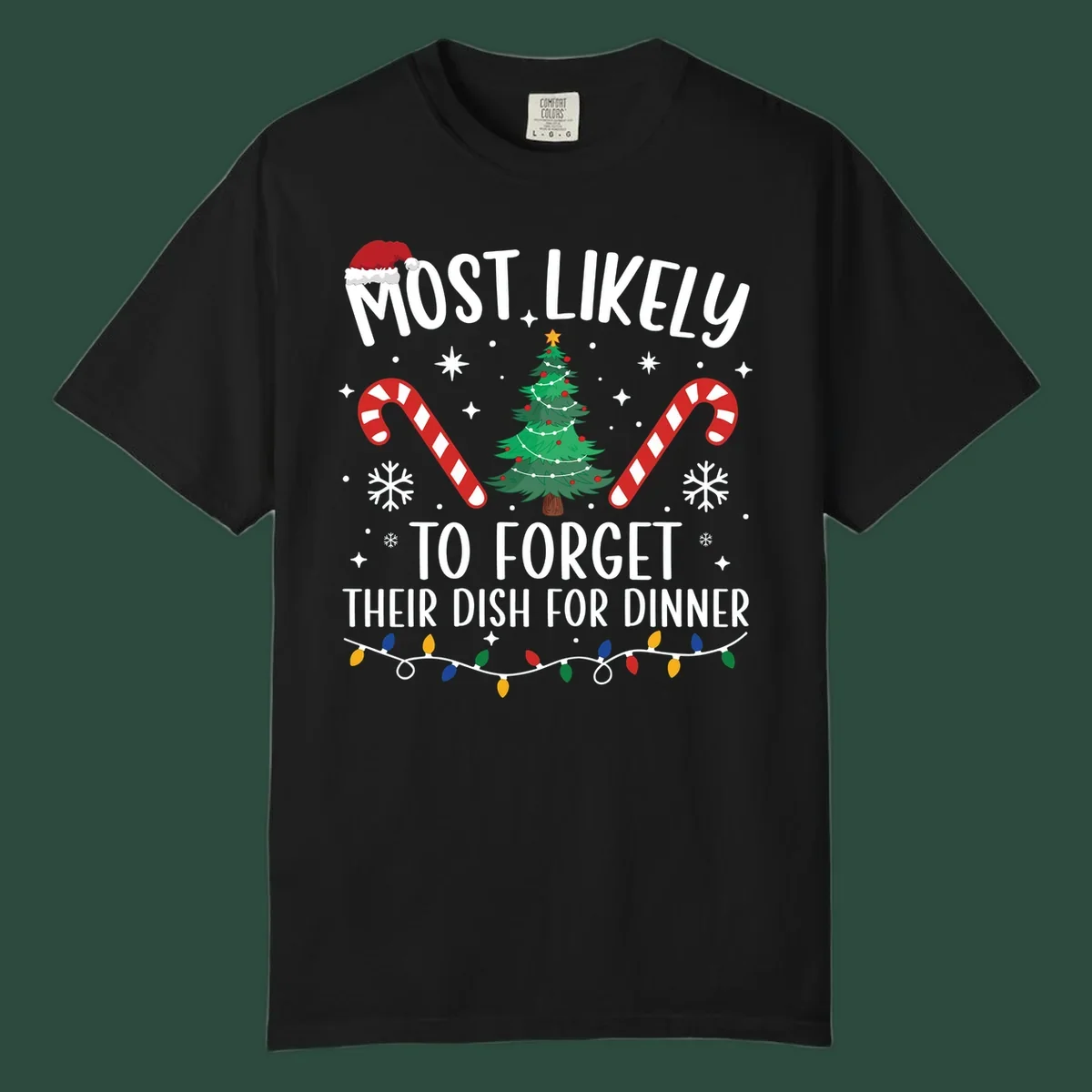 Most Likely To Forget Their Dish Christmas design with text, tree, candy canes, and lights.