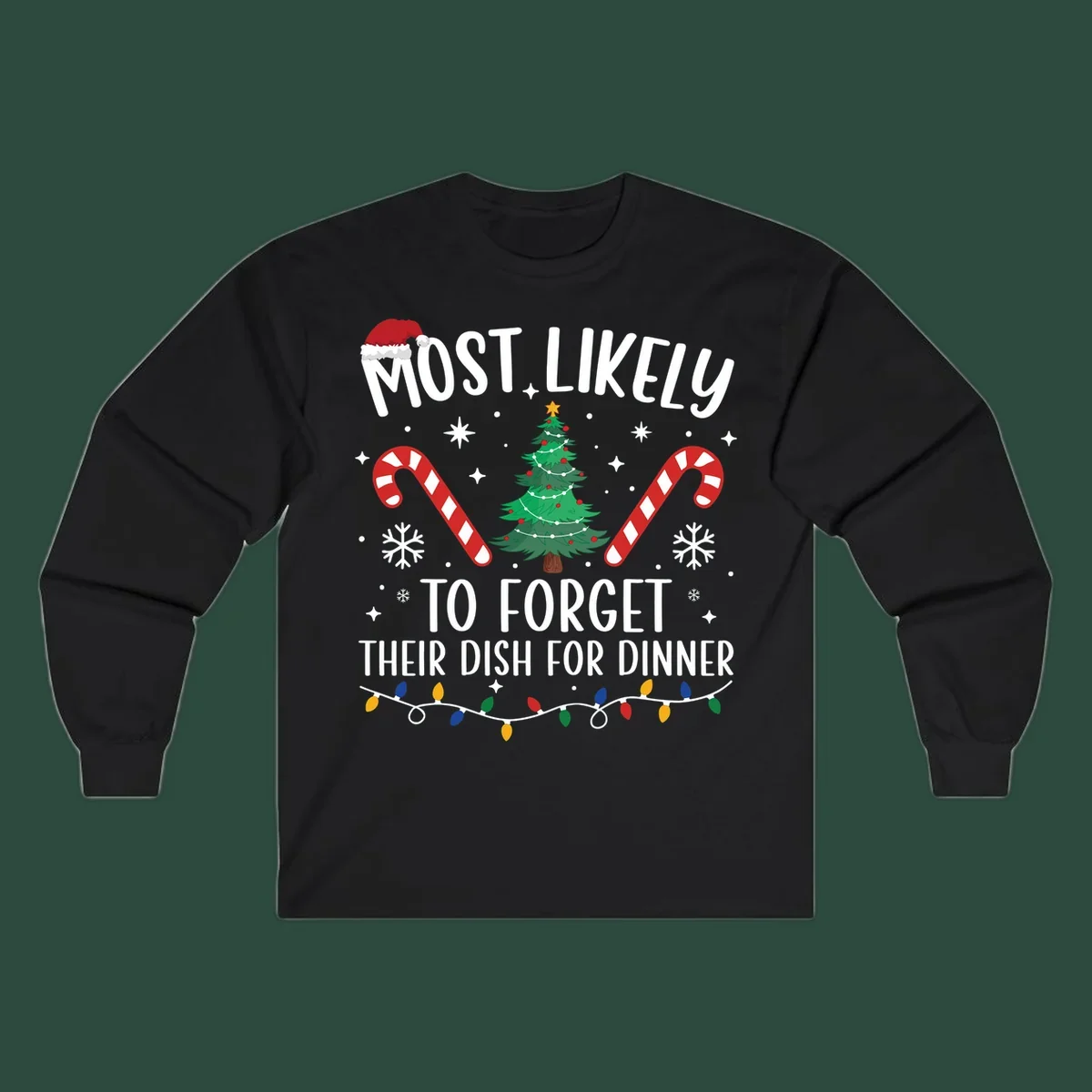 Most Likely To Forget Their Dish Christmas design with text, tree, candy canes, and lights.