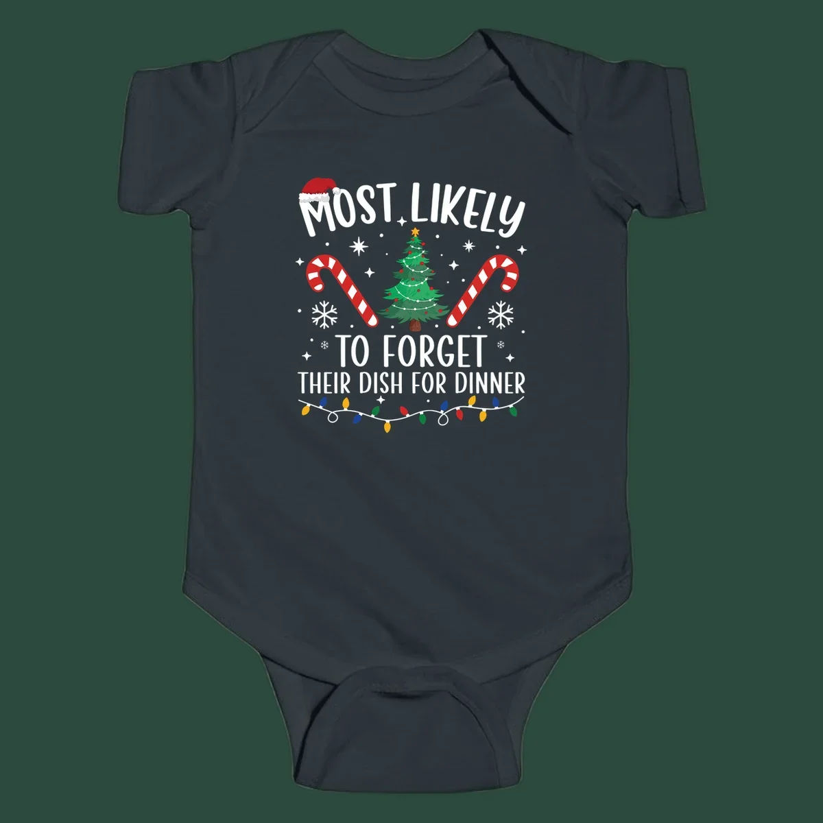 Most Likely To Forget Their Dish Christmas design with text, tree, candy canes, and lights.