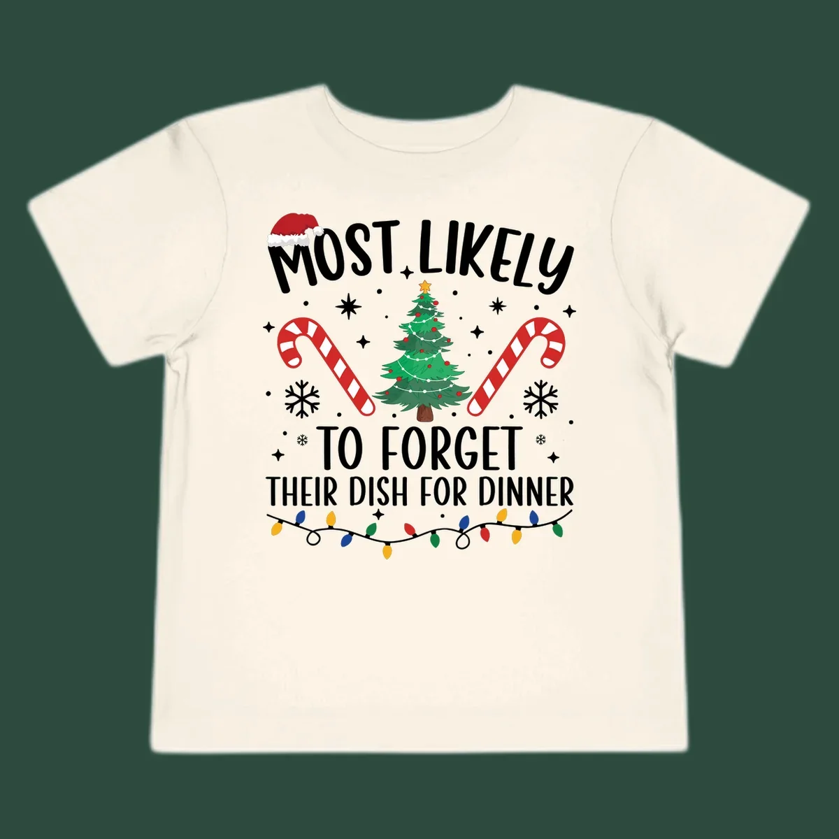 Most Likely To Forget Their Dish Christmas design with text, tree, candy canes, and lights.