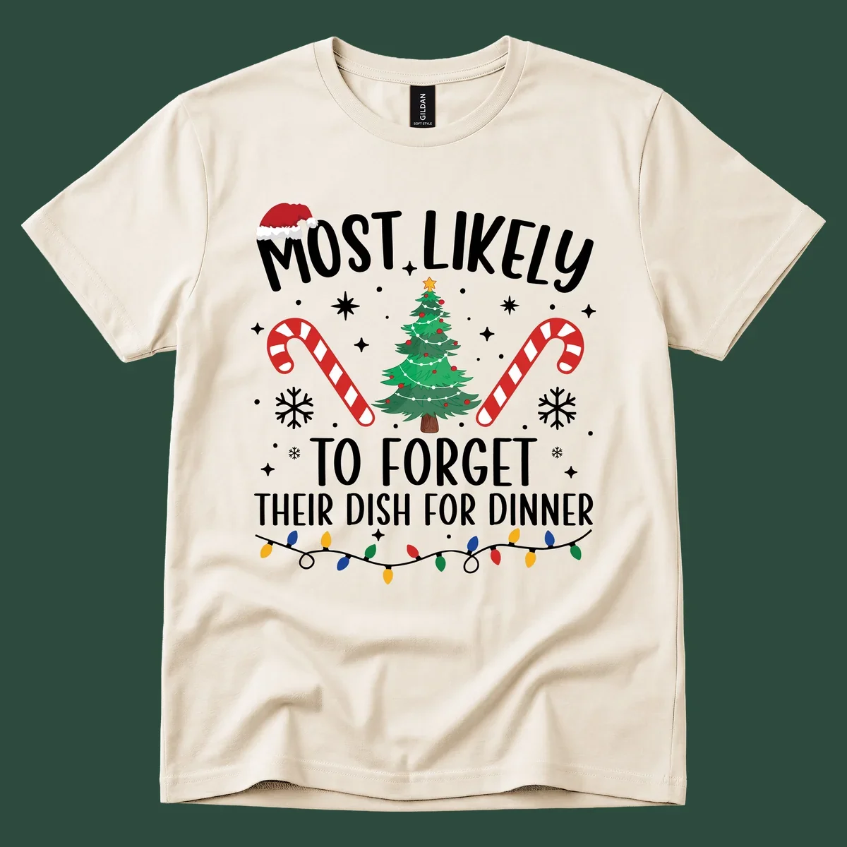 Most Likely To Forget Their Dish Christmas design with text, tree, candy canes, and lights.