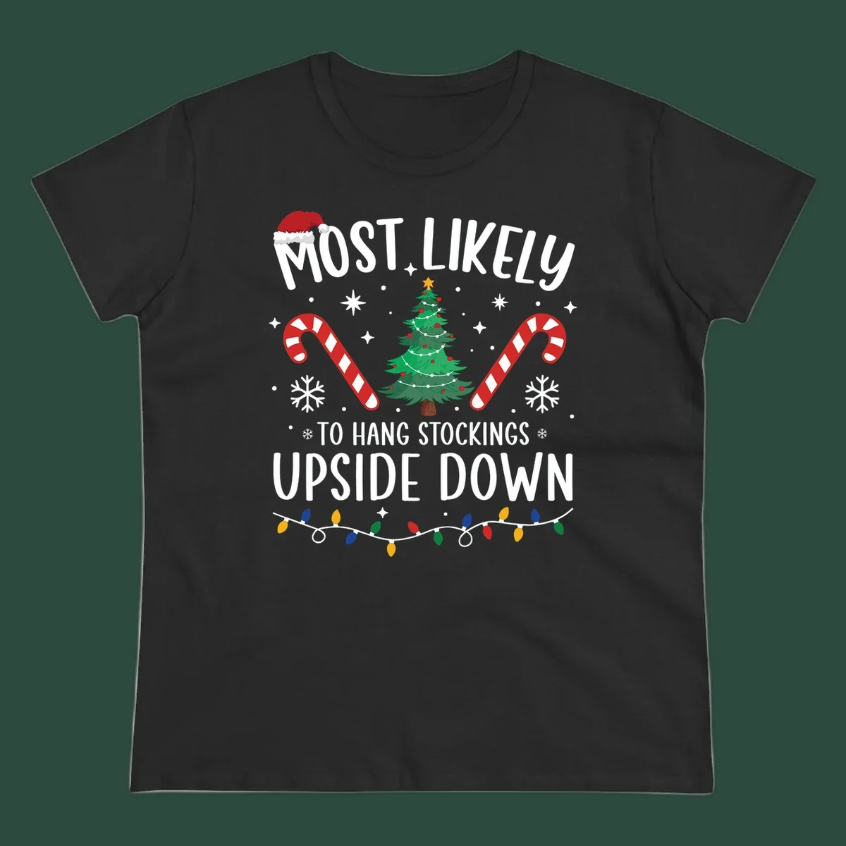 Most Likely To Hang Stockings Upside Down Christmas graphic with tree, candy canes, and Santa hat.