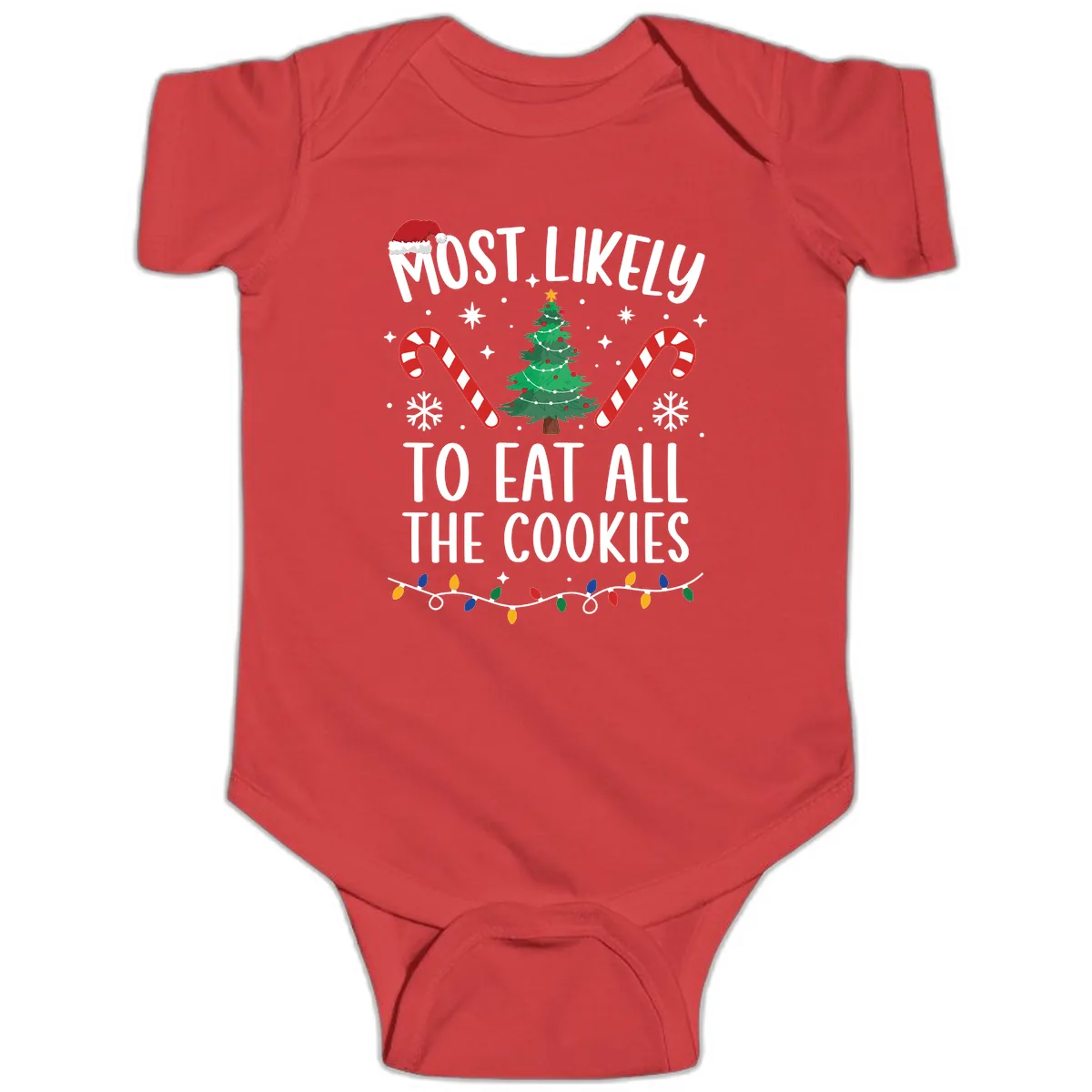 Most Likely To Eat All The Cookies Baby Onesie in Red